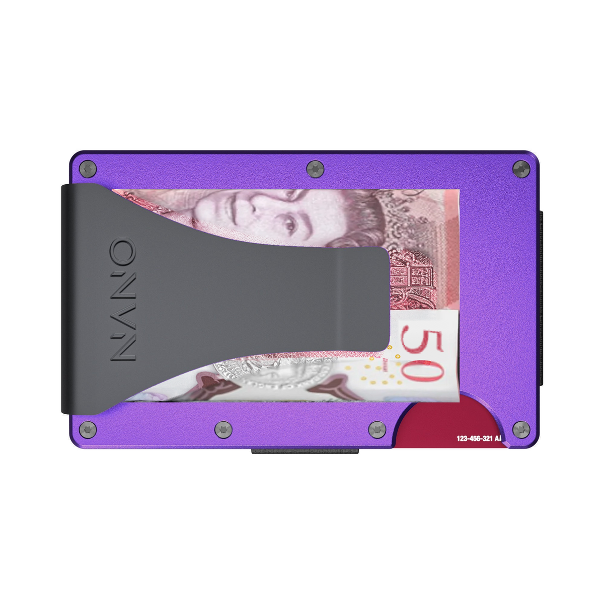 NANO Nebula Purple aerospace aluminium money clip wallet — money clip holding folded cash
