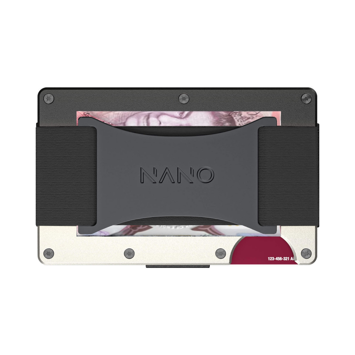 NANO Onyx Eclipse aerospace aluminium cash strap wallet — cash strap holding folded cash