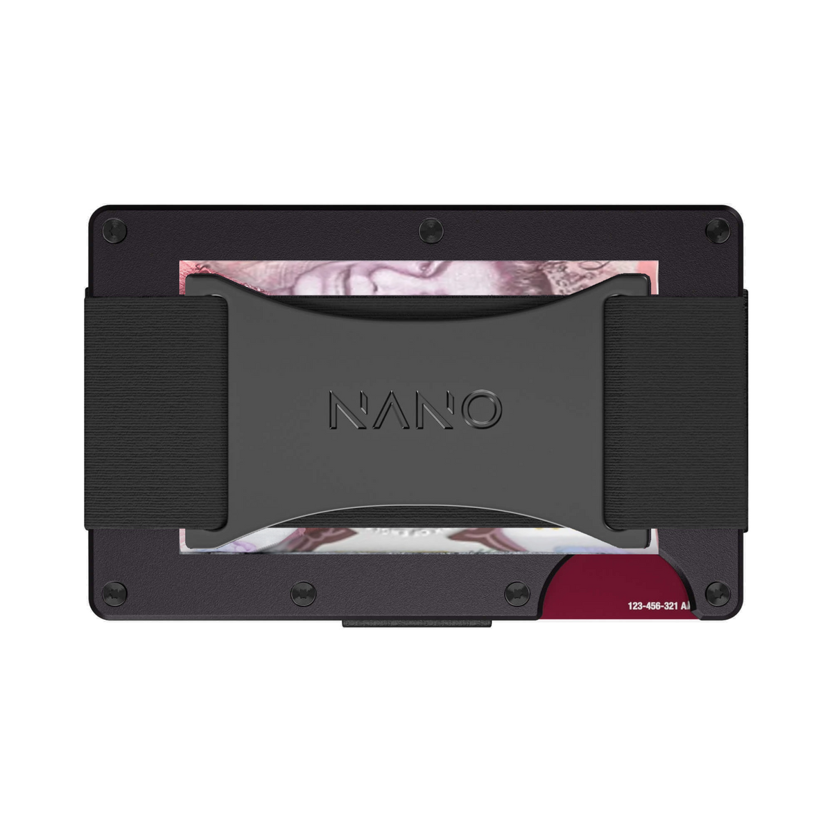 NANO Phantom Black aerospace aluminium cash strap wallet — cash strap holding folded cash