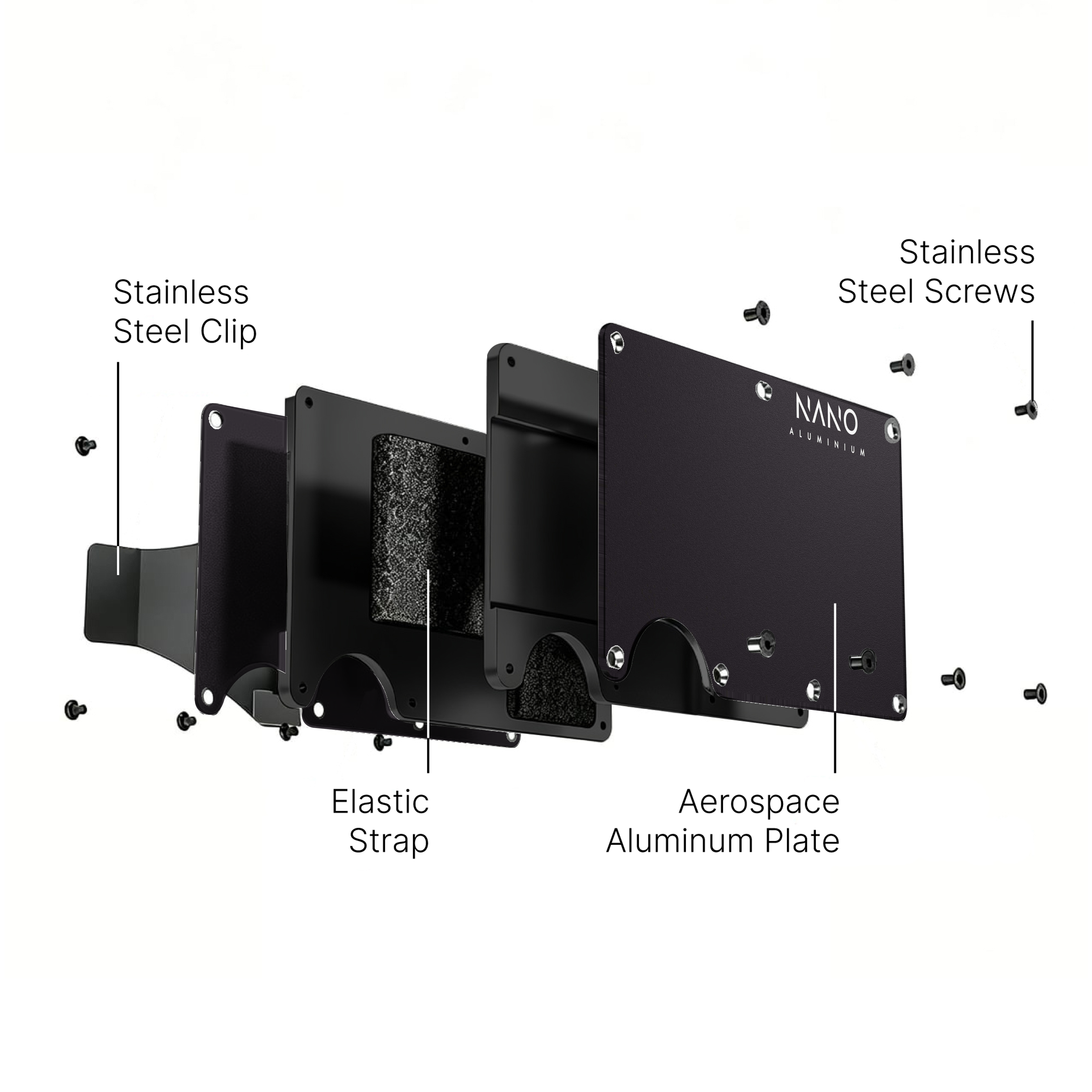 NANO Phantom Black aerospace aluminium cash strap wallet — exploded construction view