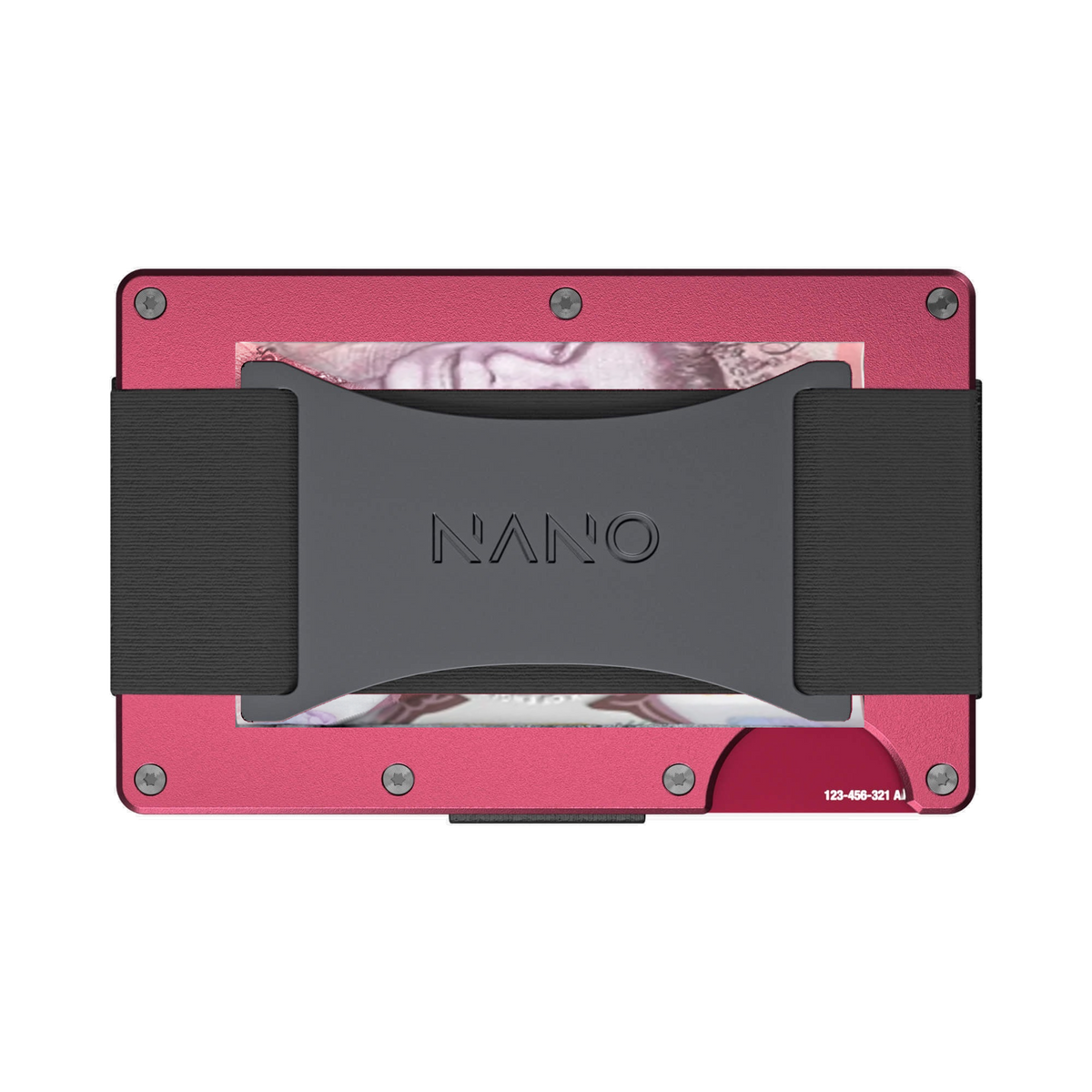 NANO Portofino Red aerospace aluminium cash strap wallet — cash strap holding folded cash