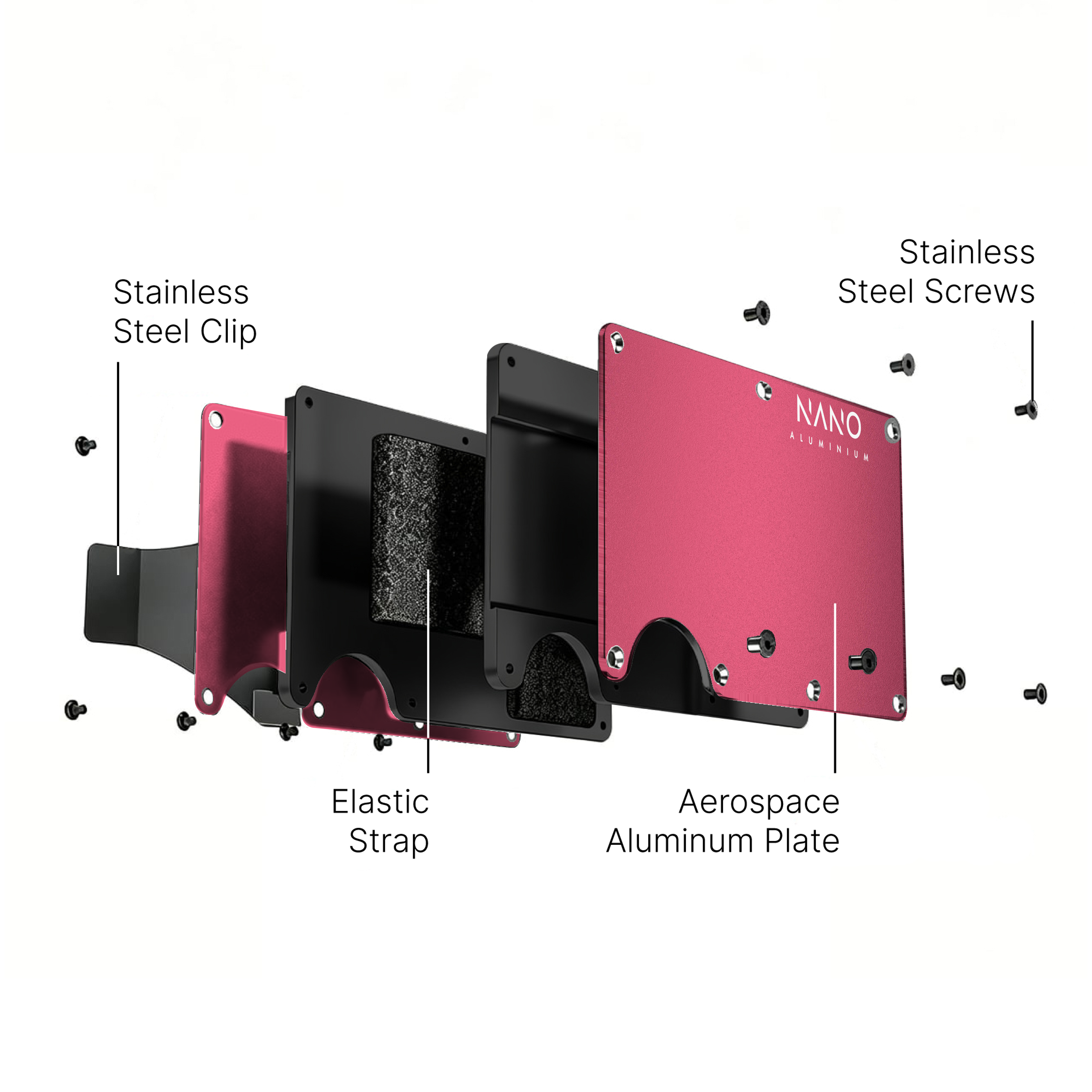 NANO Portofino Red aerospace aluminium cash strap wallet — exploded construction view