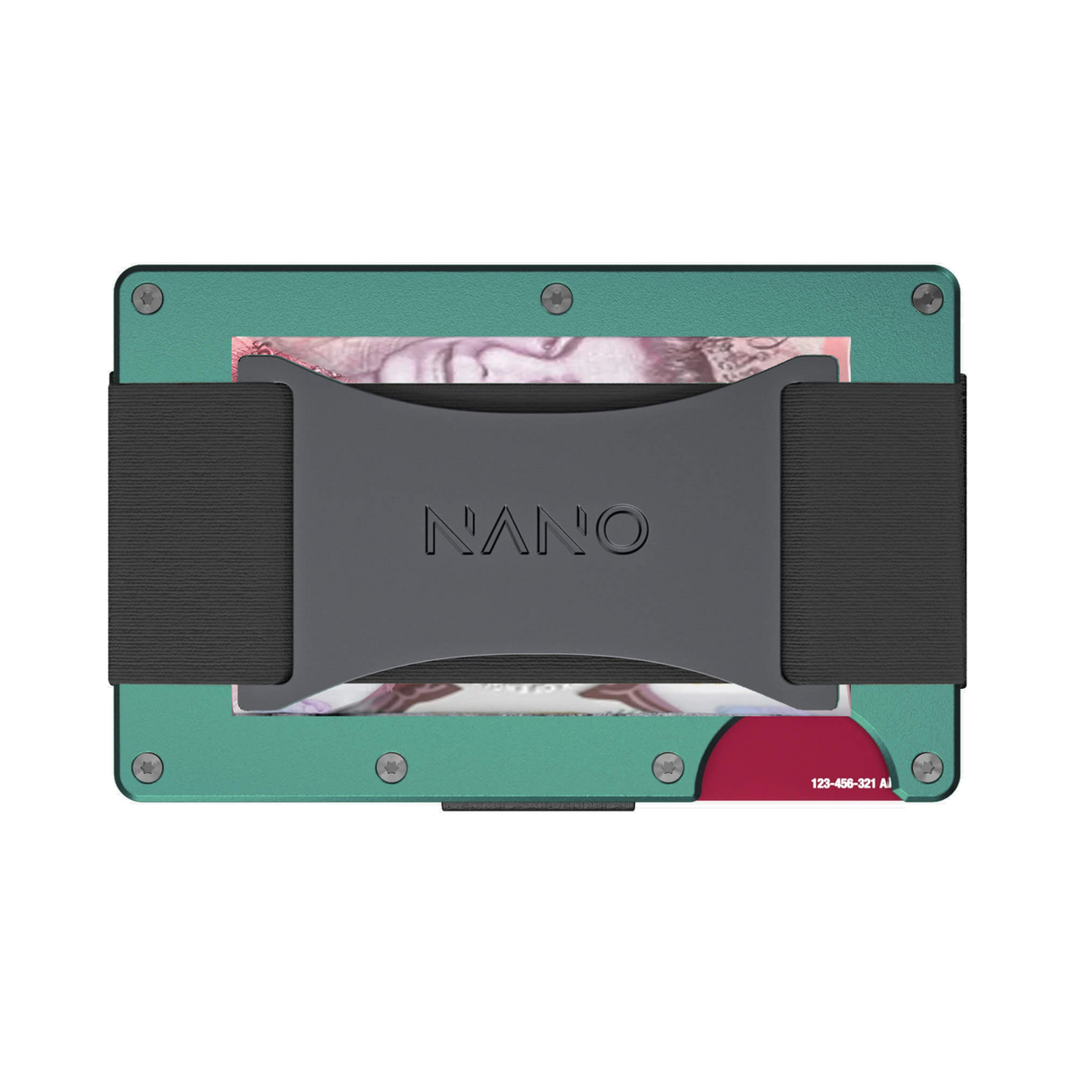 NANO Racing Green aerospace aluminium cash strap wallet — cash strap holding folded cash