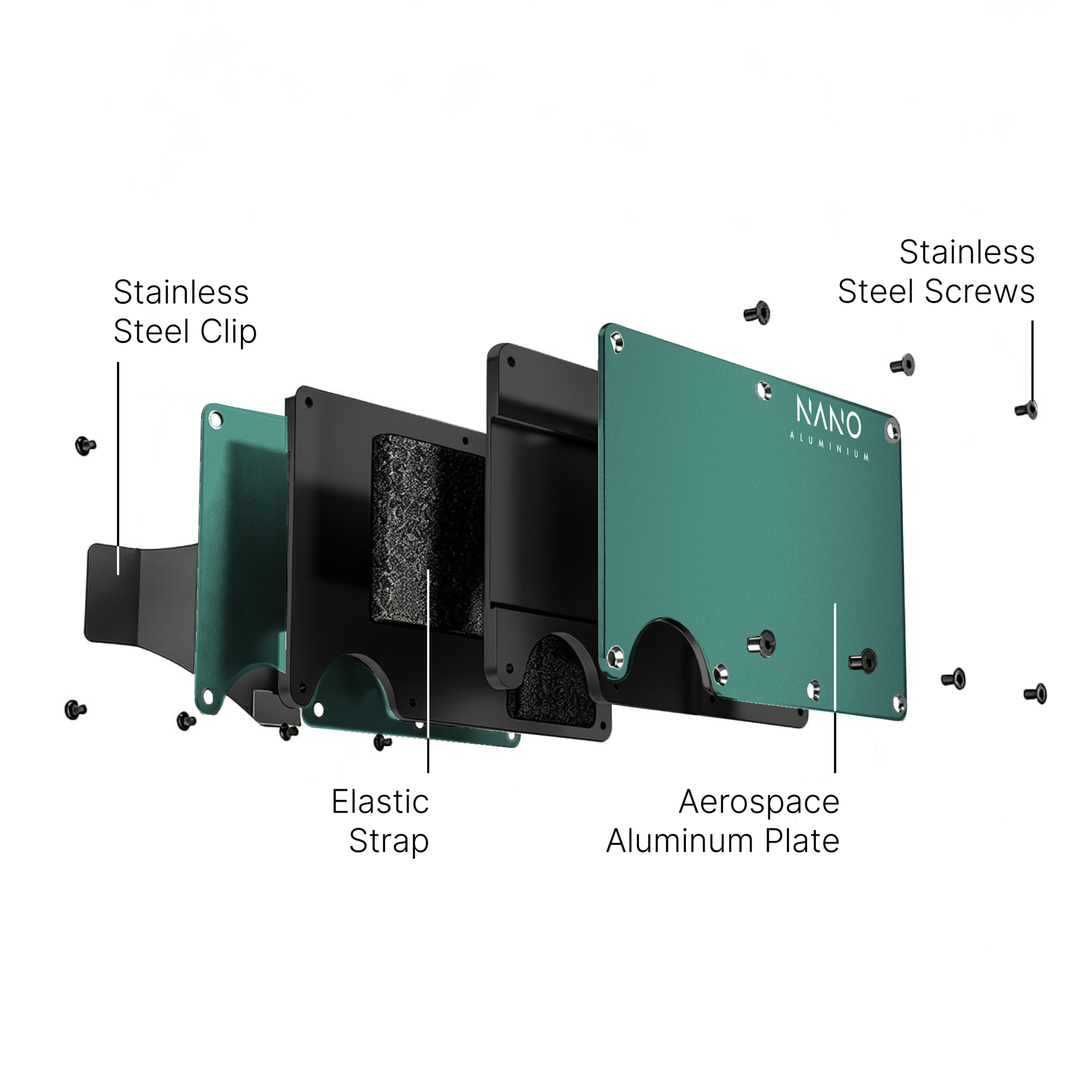 NANO Racing Green aerospace aluminium AirTag cash strap wallet — exploded construction view