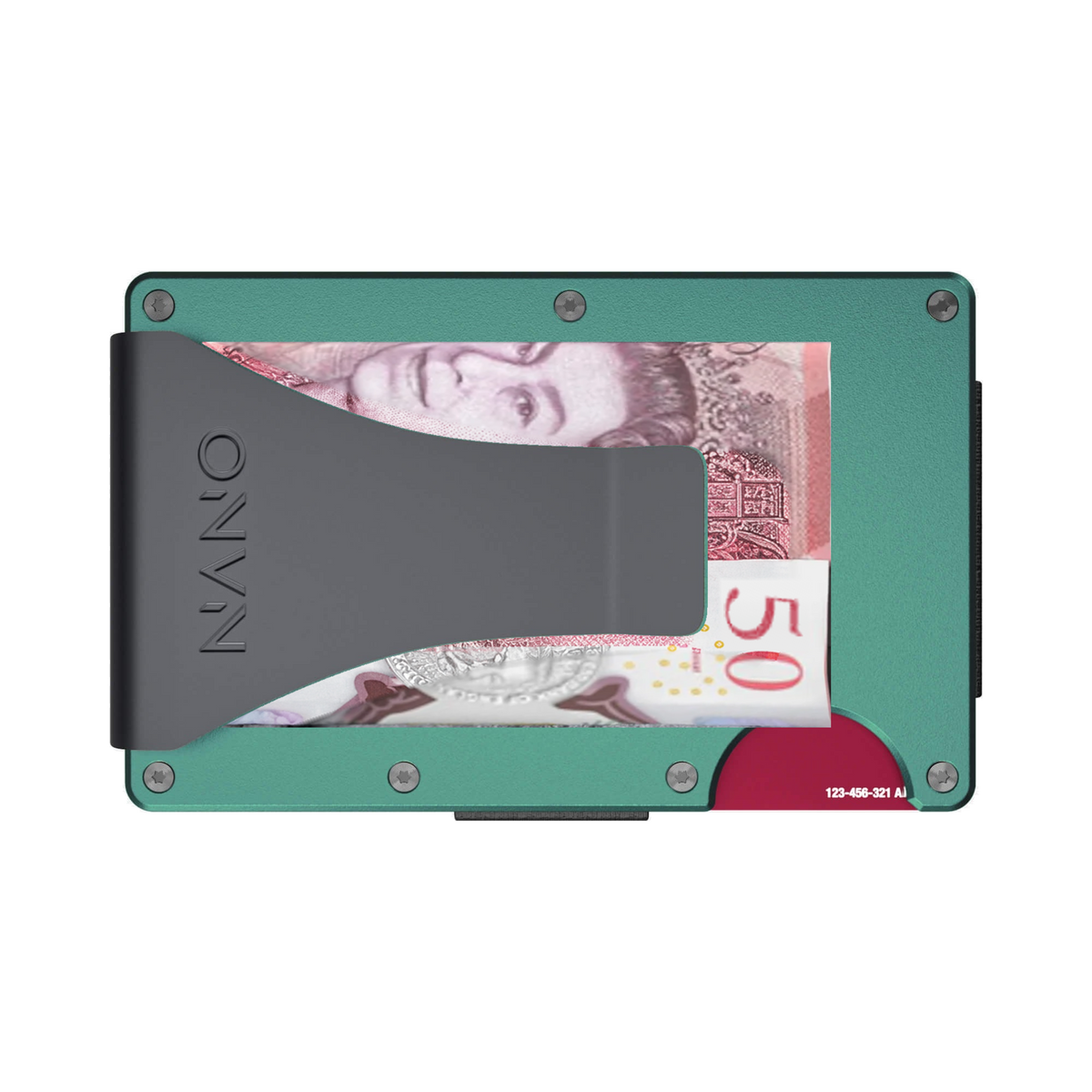 NANO Racing Green aerospace aluminium money clip wallet — money clip holding folded cash