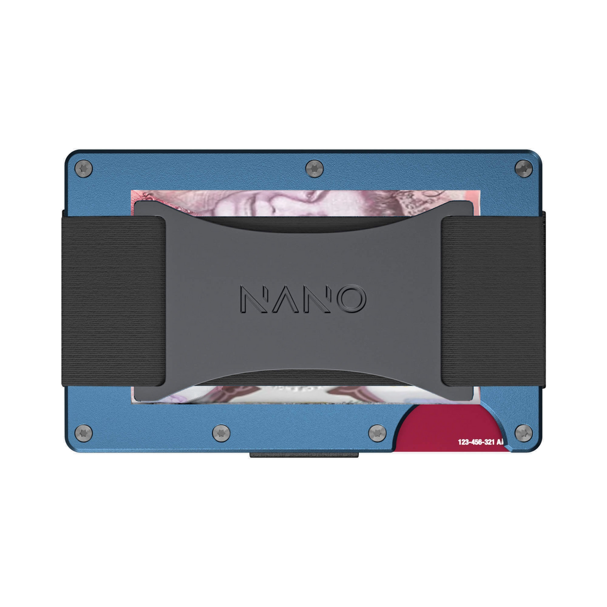 NANO Riviera Navy aerospace aluminium cash strap wallet — cash strap holding folded cash