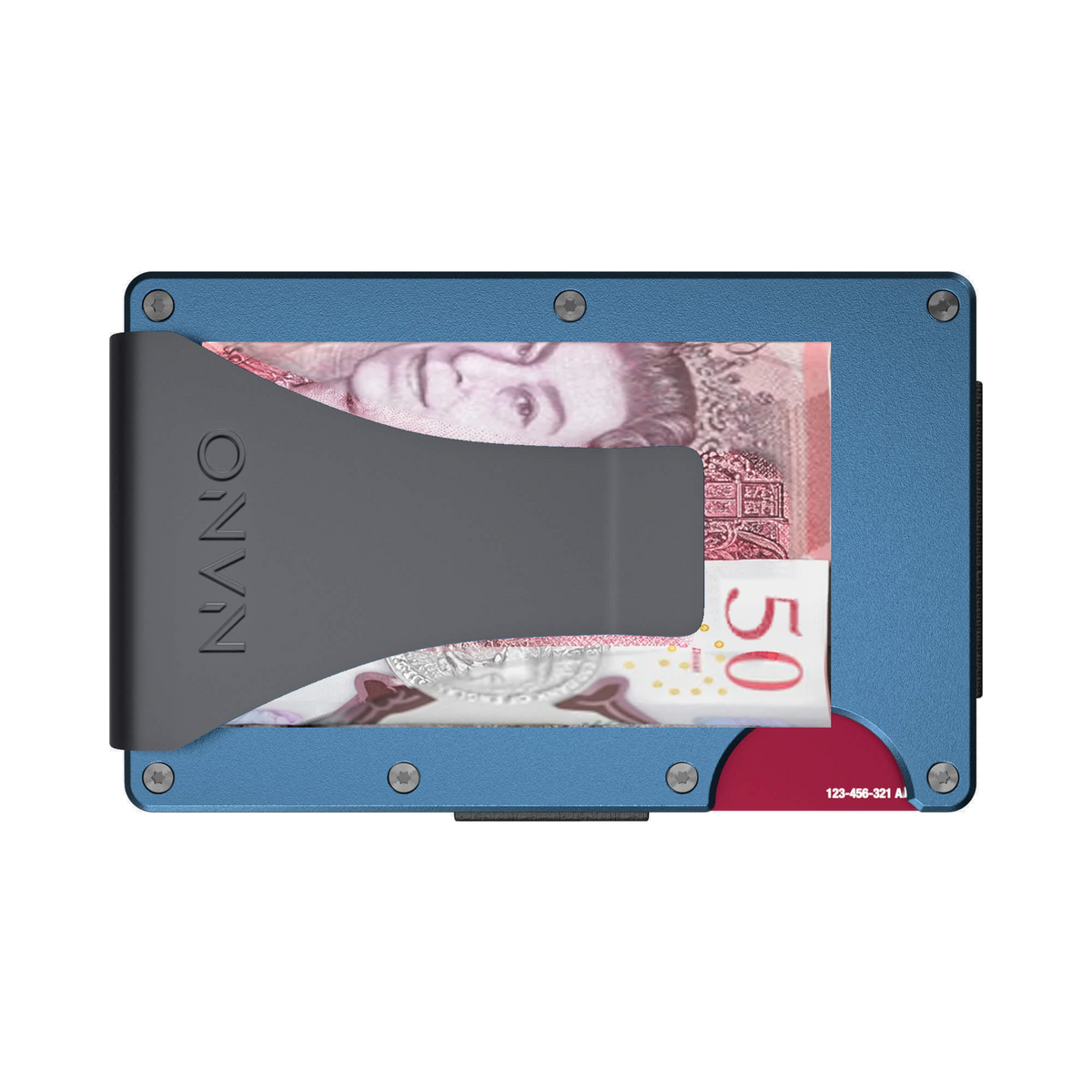 NANO Riviera Navy aerospace aluminium money clip wallet — money clip holding folded cash