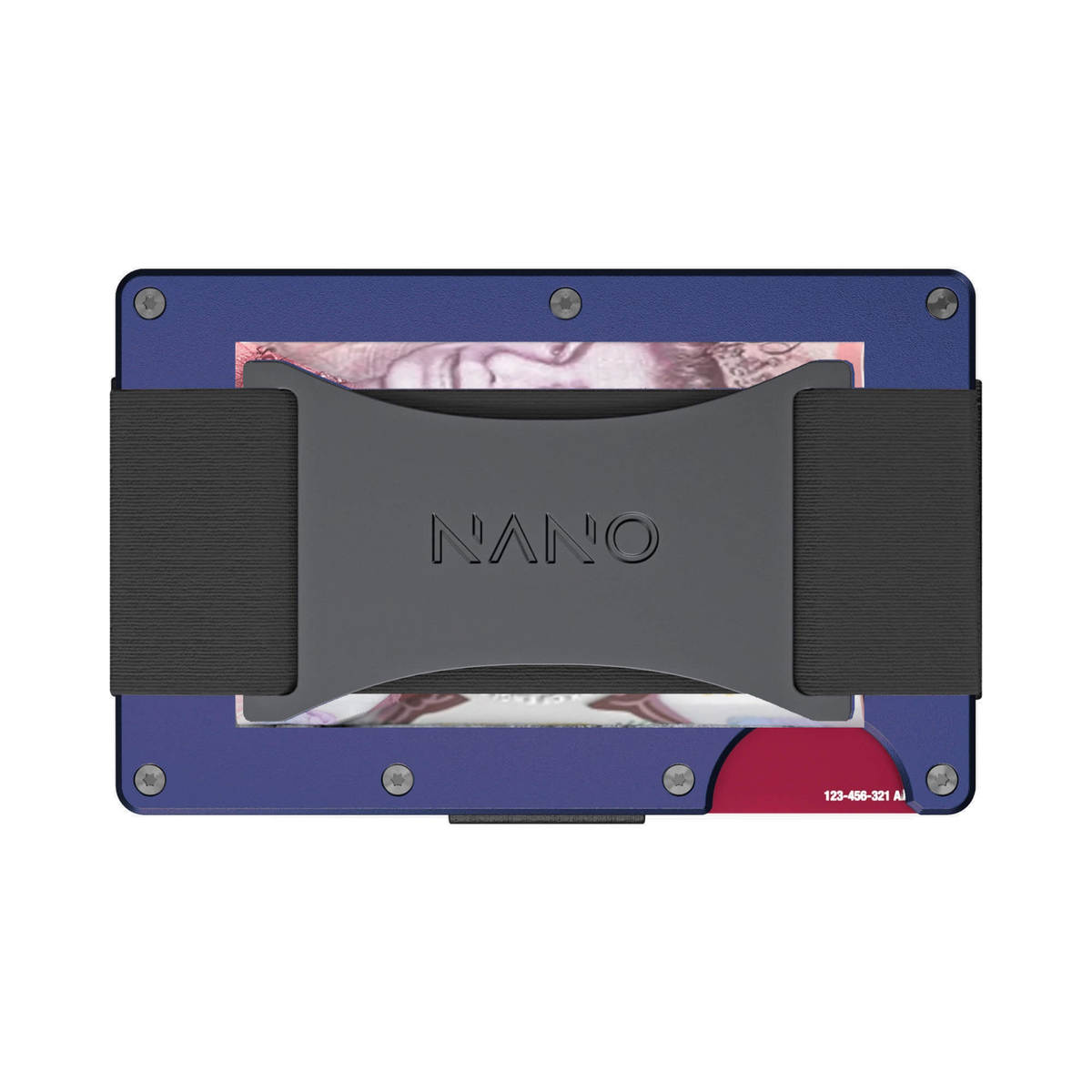 NANO Skyfall Navy aerospace aluminium cash strap wallet — cash strap holding folded cash