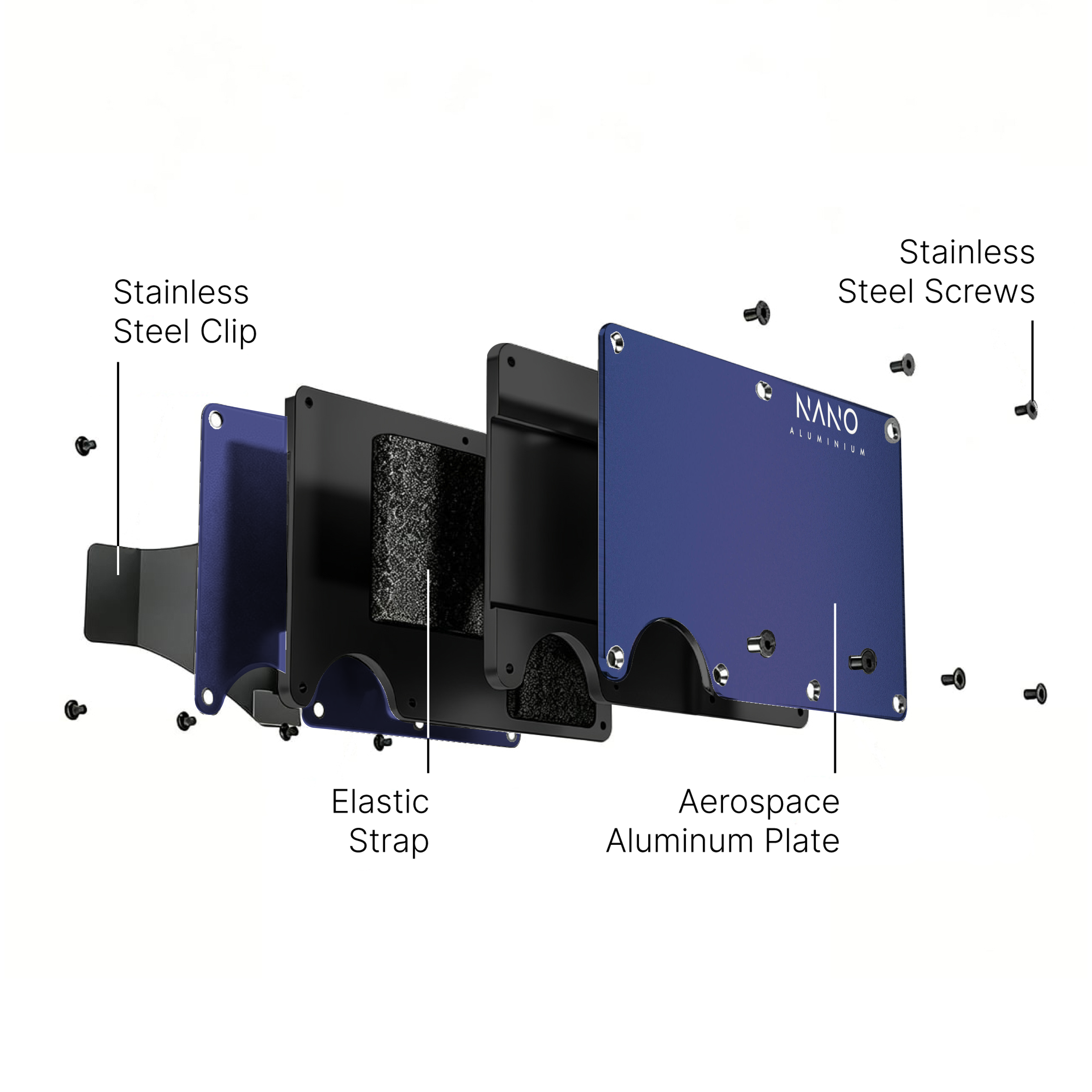 NANO Skyfall Navy aerospace aluminium AirTag cash strap wallet — exploded construction view