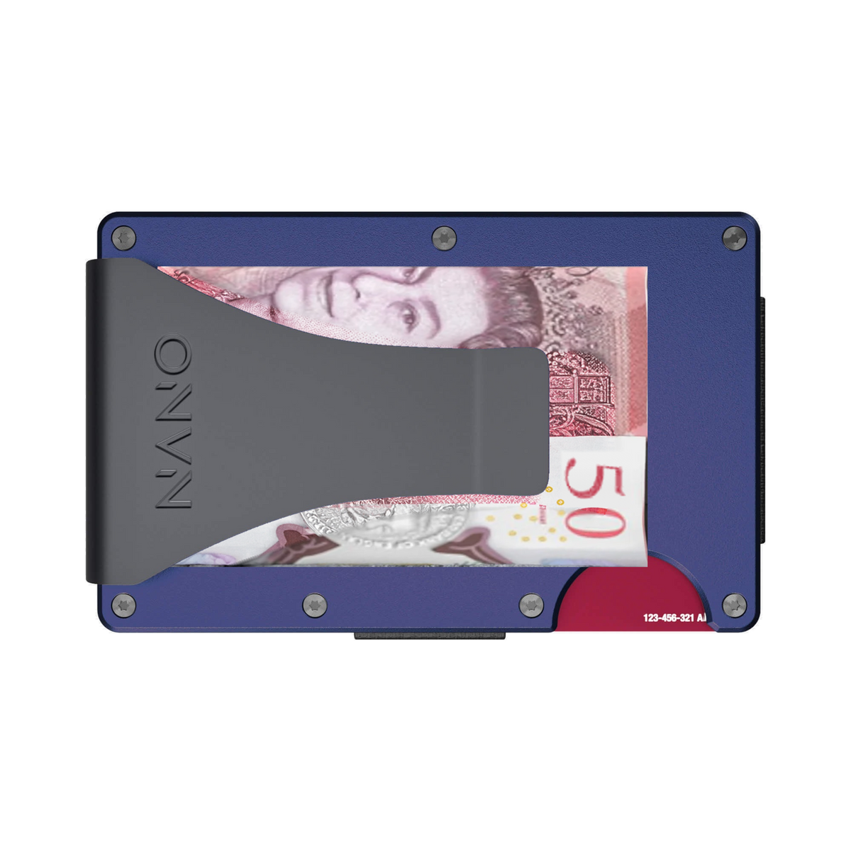 NANO Skyfall Navy aerospace aluminium money clip wallet — money clip holding folded cash