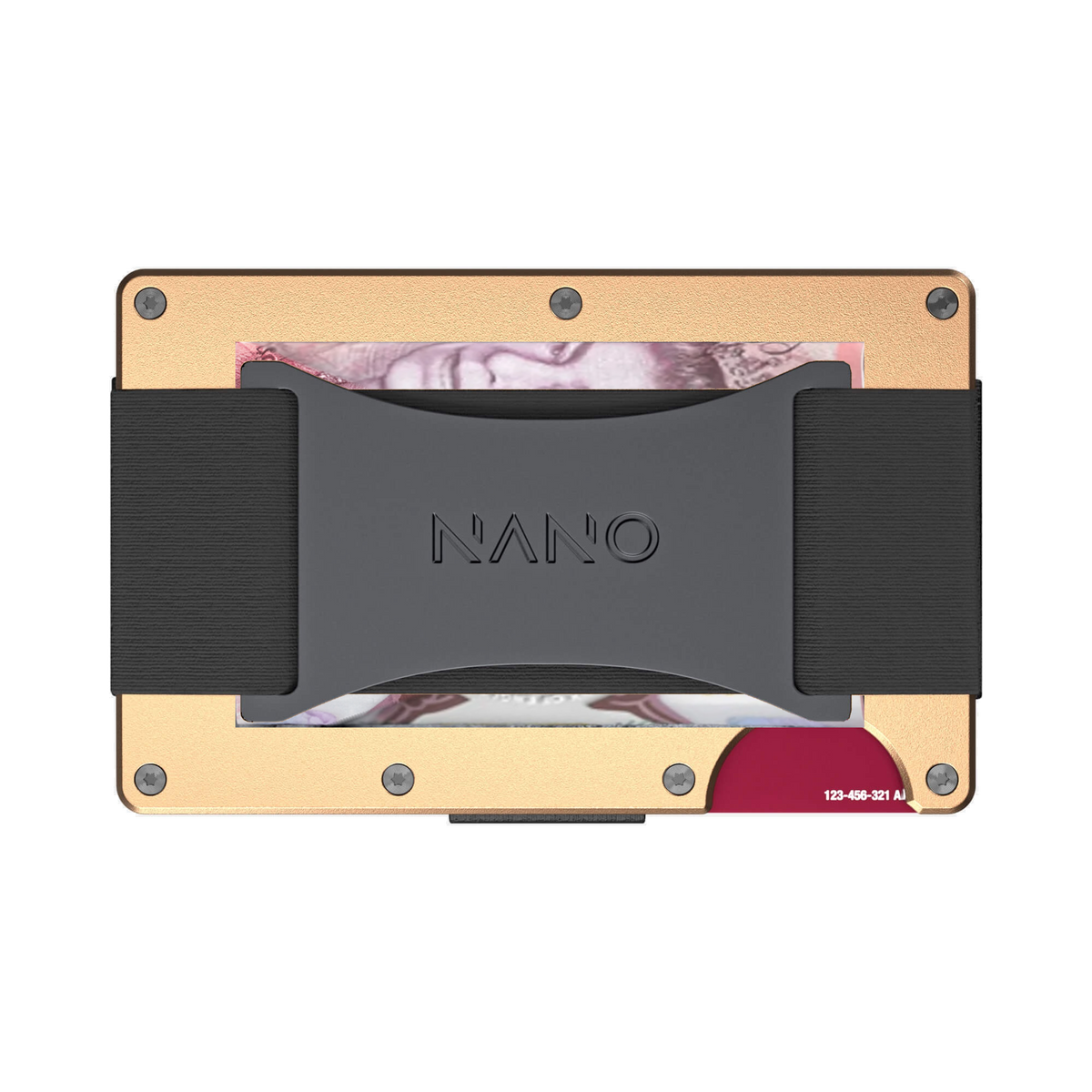 NANO Spectre Gold aerospace aluminium cash strap wallet — cash strap holding folded cash