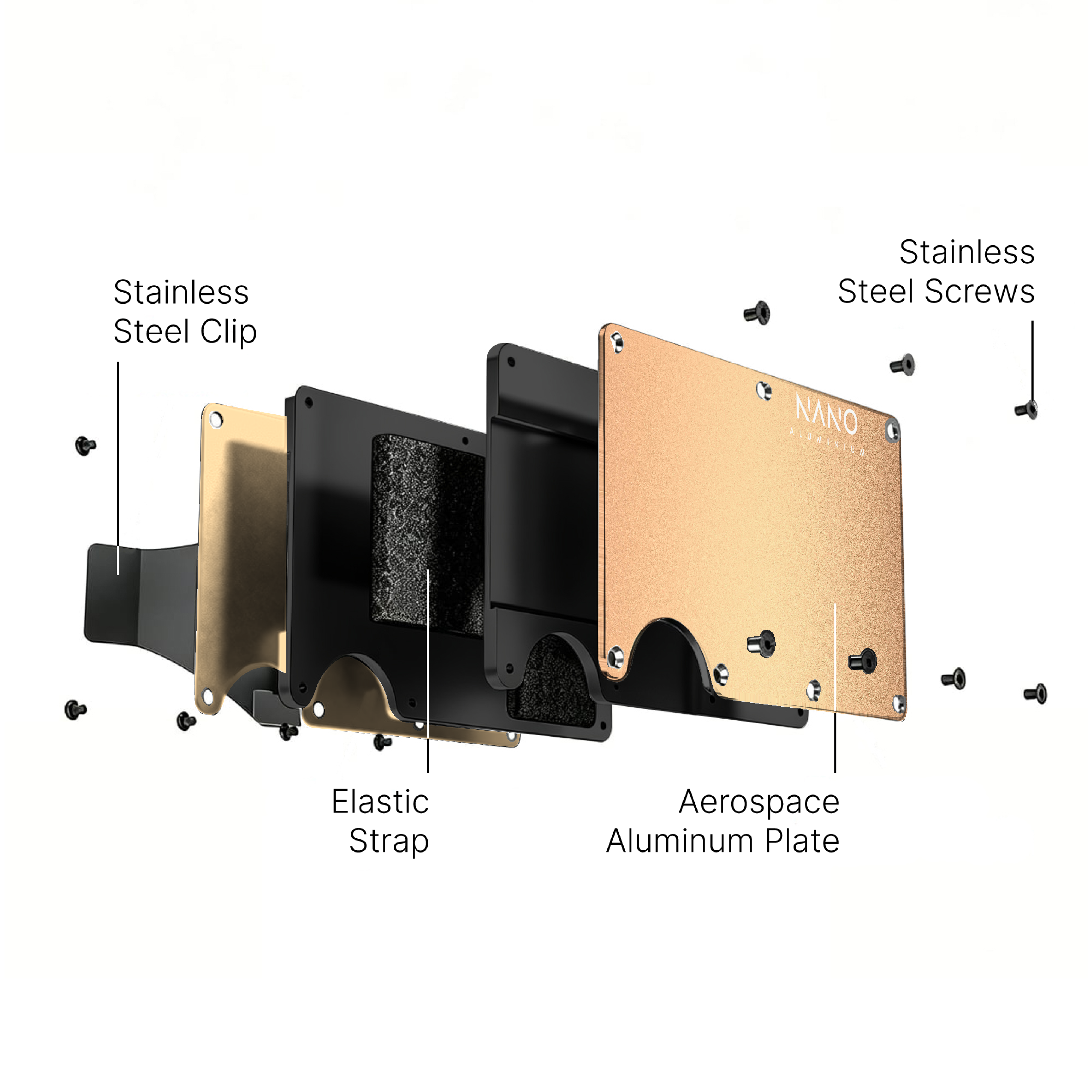NANO Spectre Gold aerospace aluminium cash strap wallet — exploded construction view
