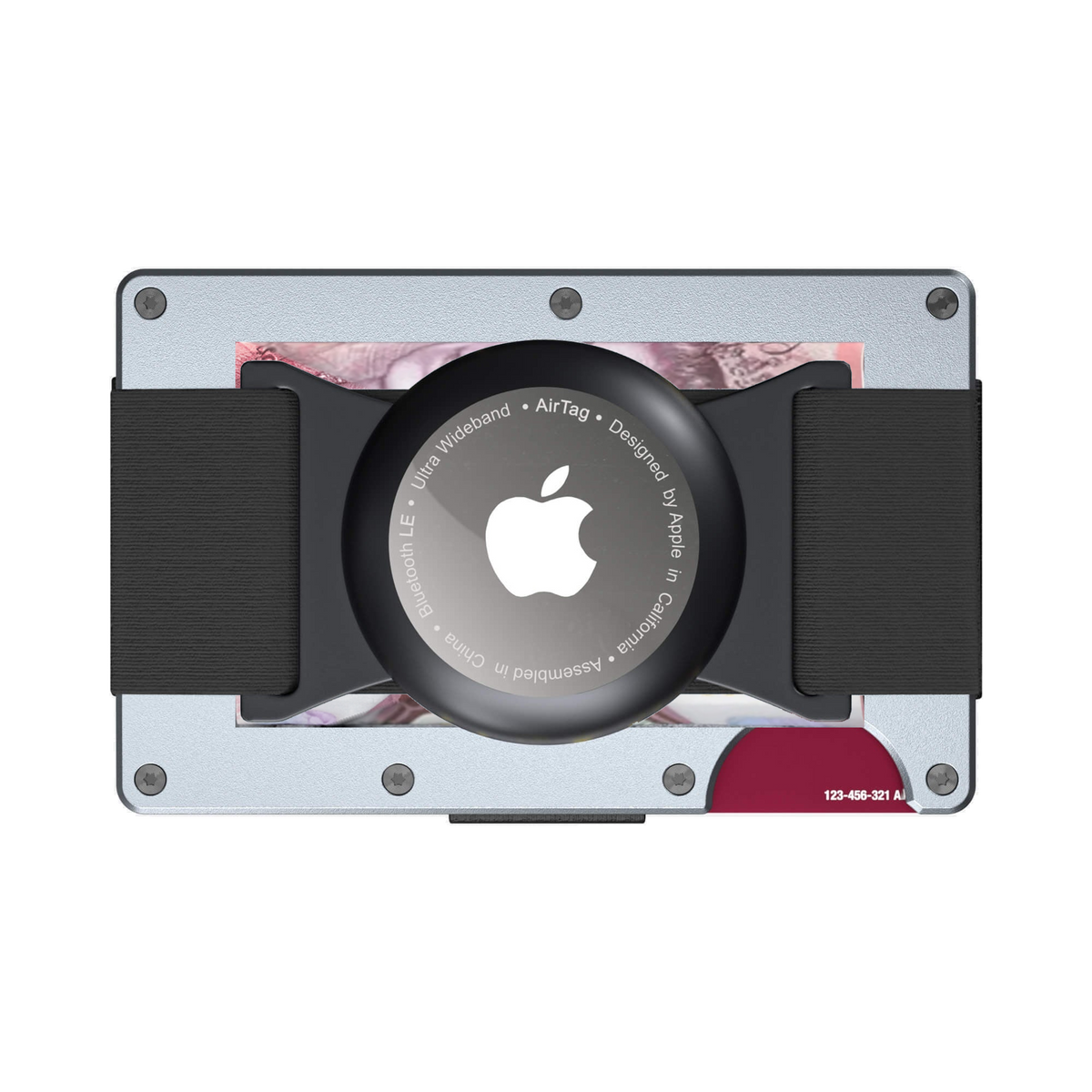 NANO Spyder Grey aerospace aluminium AirTag cash strap wallet — cash strap holding folded cash