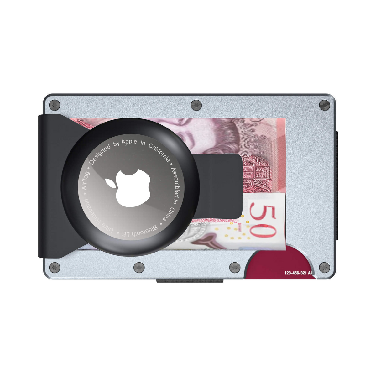 NANO Spyder Grey aerospace aluminium AirTag money clip wallet — money clip holding folded cash