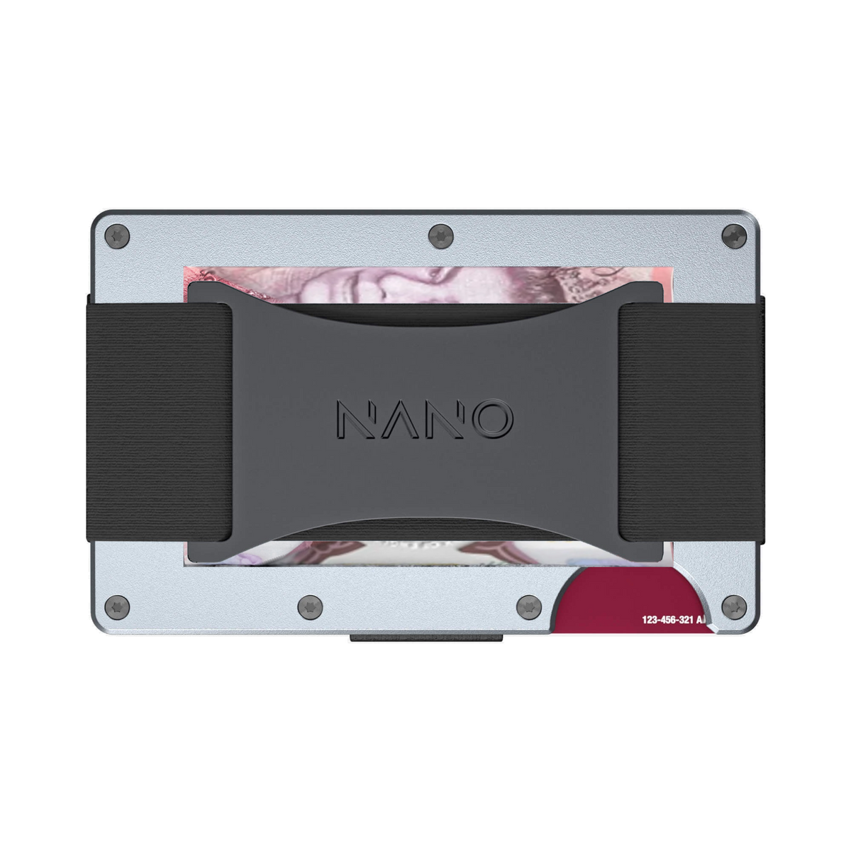 NANO Spyder Grey aerospace aluminium cash strap wallet — cash strap holding folded cash