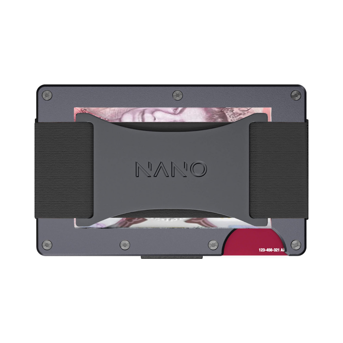NANO Titan Gunmetal aerospace aluminium cash strap wallet — cash strap holding folded cash