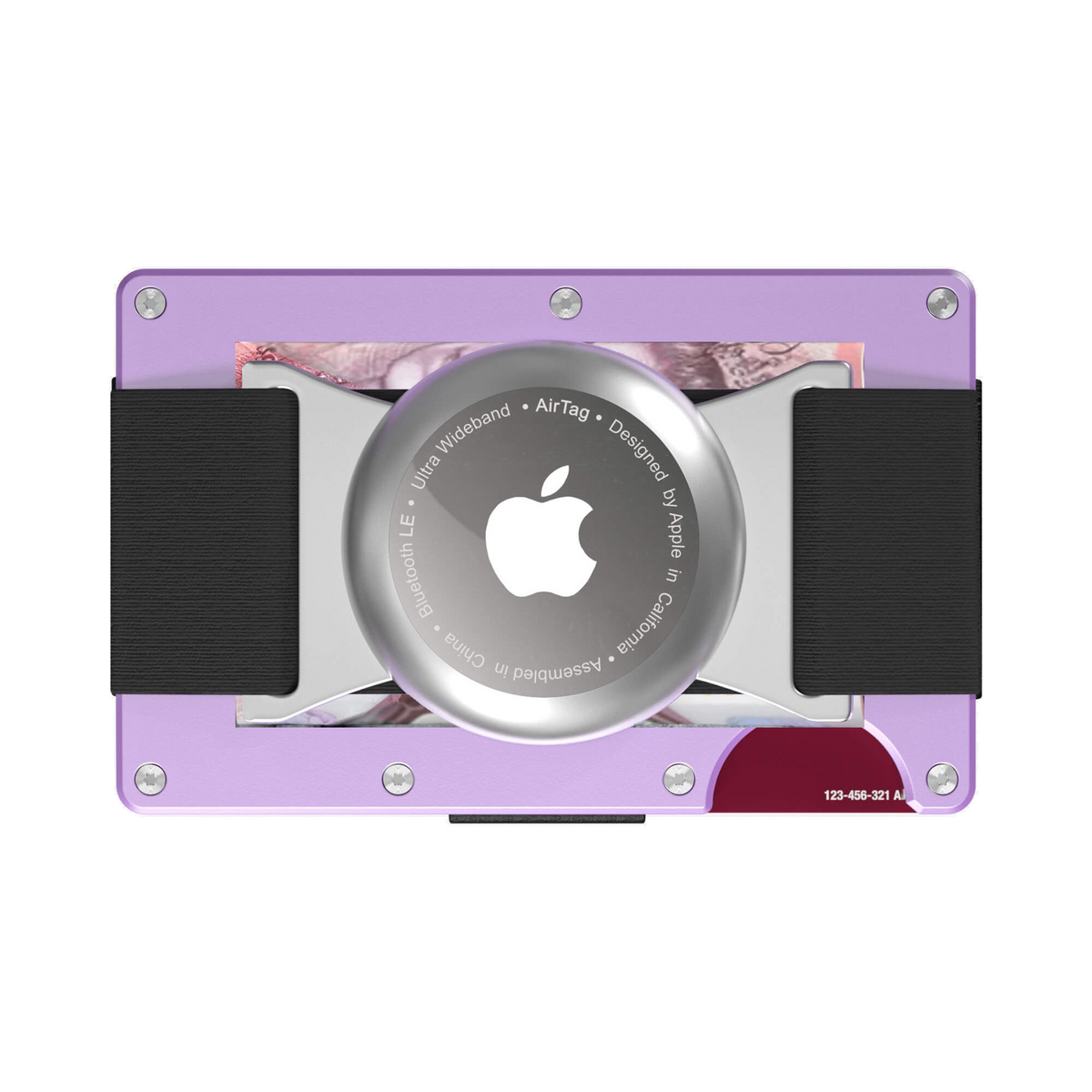 NANO CHIC Twilight Lilac aerospace aluminium AirTag cash strap wallet — cash strap holding folded cash