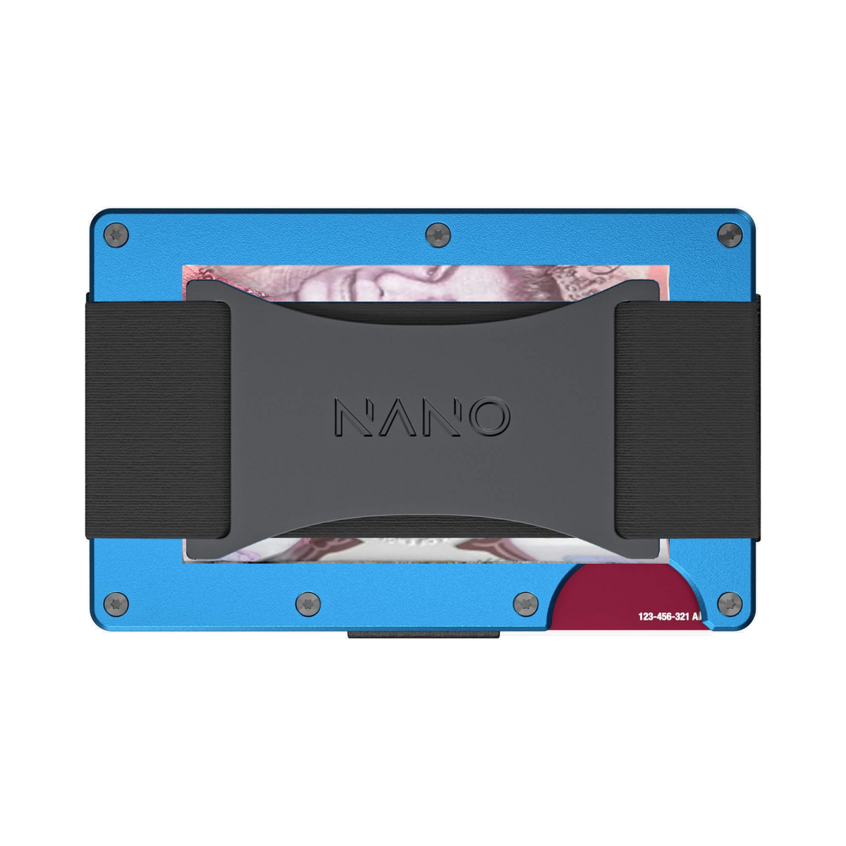 NANO Velocity Blue aerospace aluminium cash strap wallet — cash strap holding folded cash