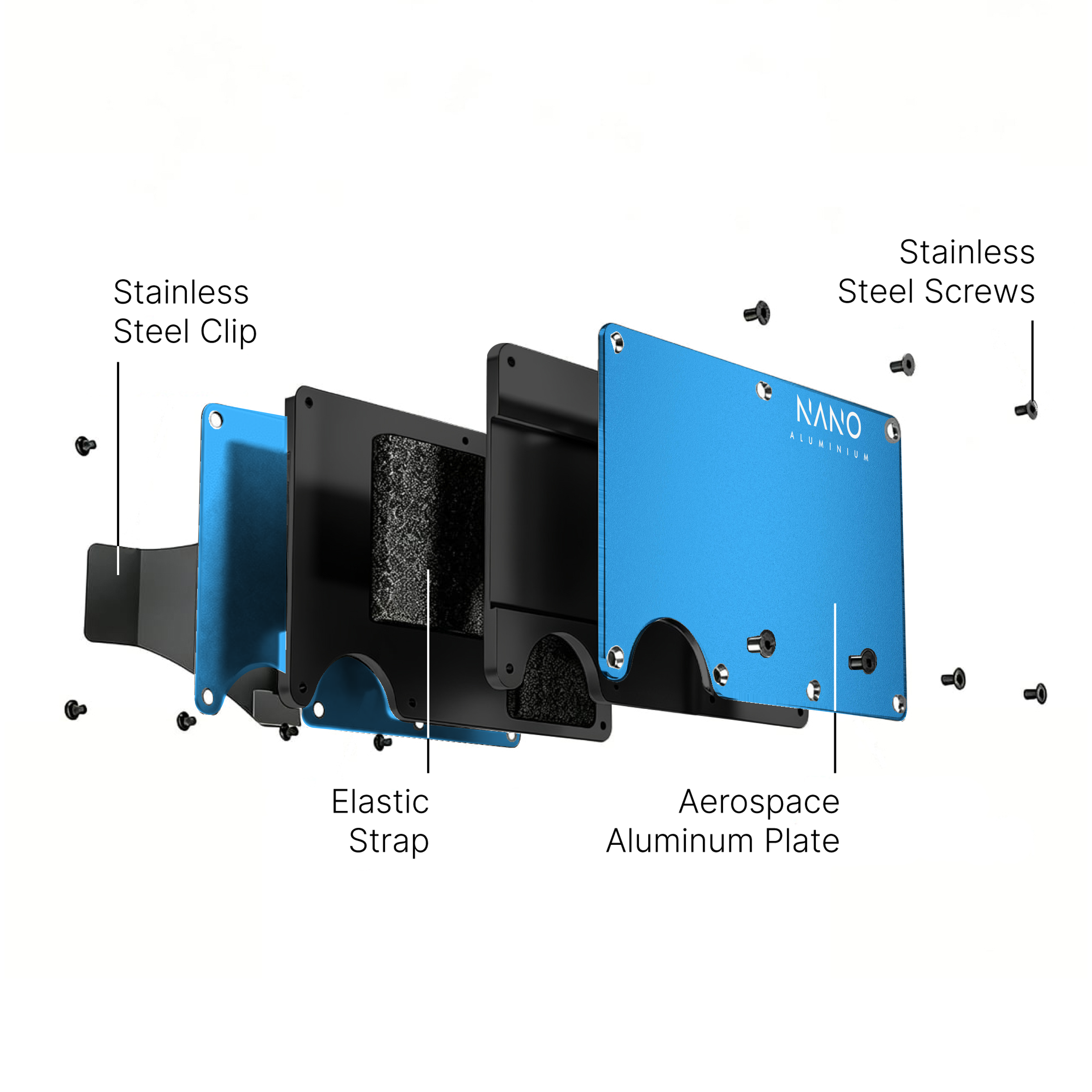 NANO Velocity Blue aerospace aluminium cash strap wallet — exploded construction view
