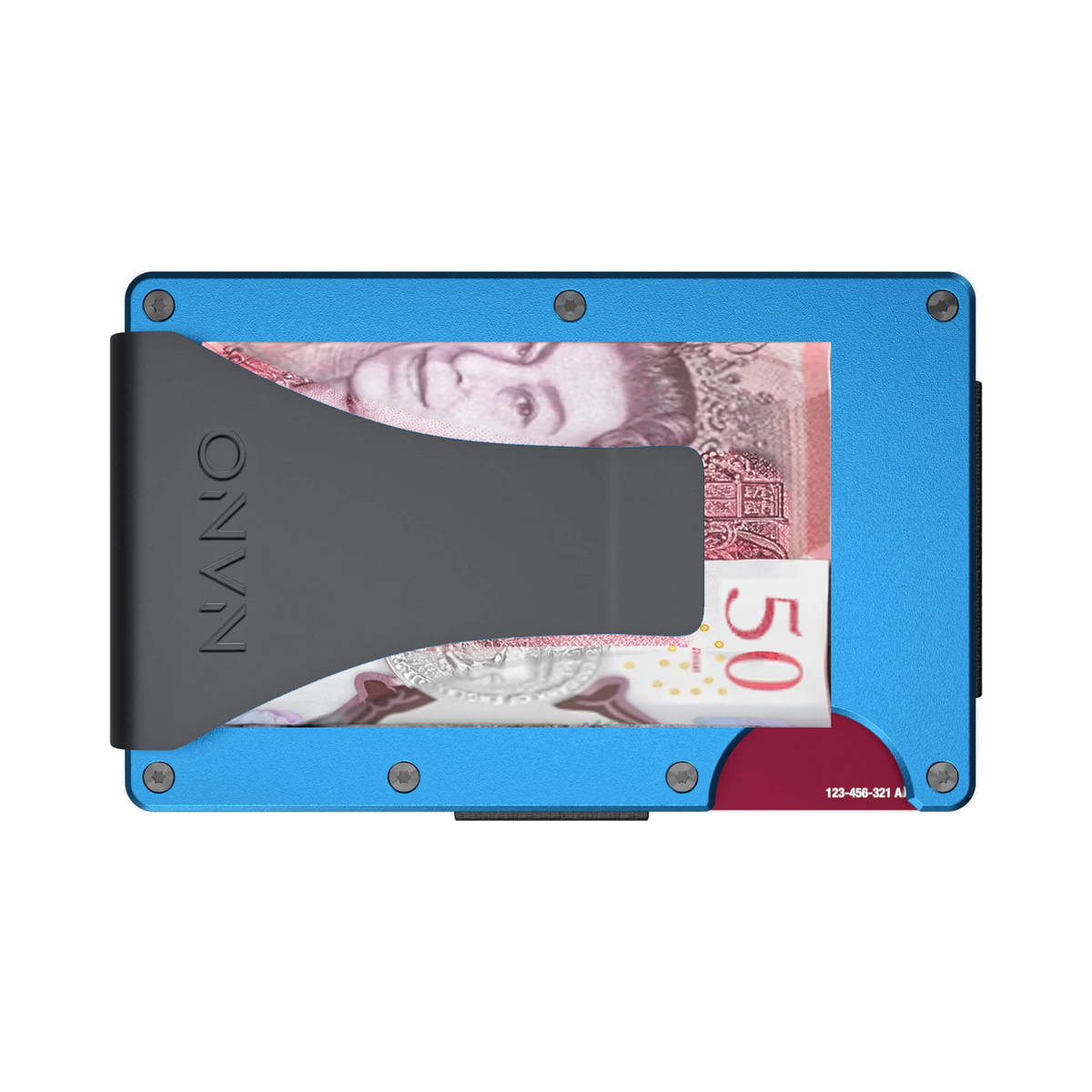NANO Velocity Blue aerospace aluminium money clip wallet — money clip holding folded cash