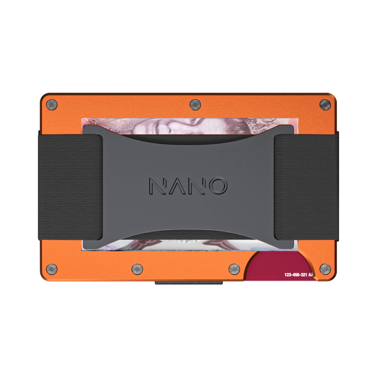 NANO Ventura Orange aerospace aluminium cash strap wallet — cash strap holding folded cash