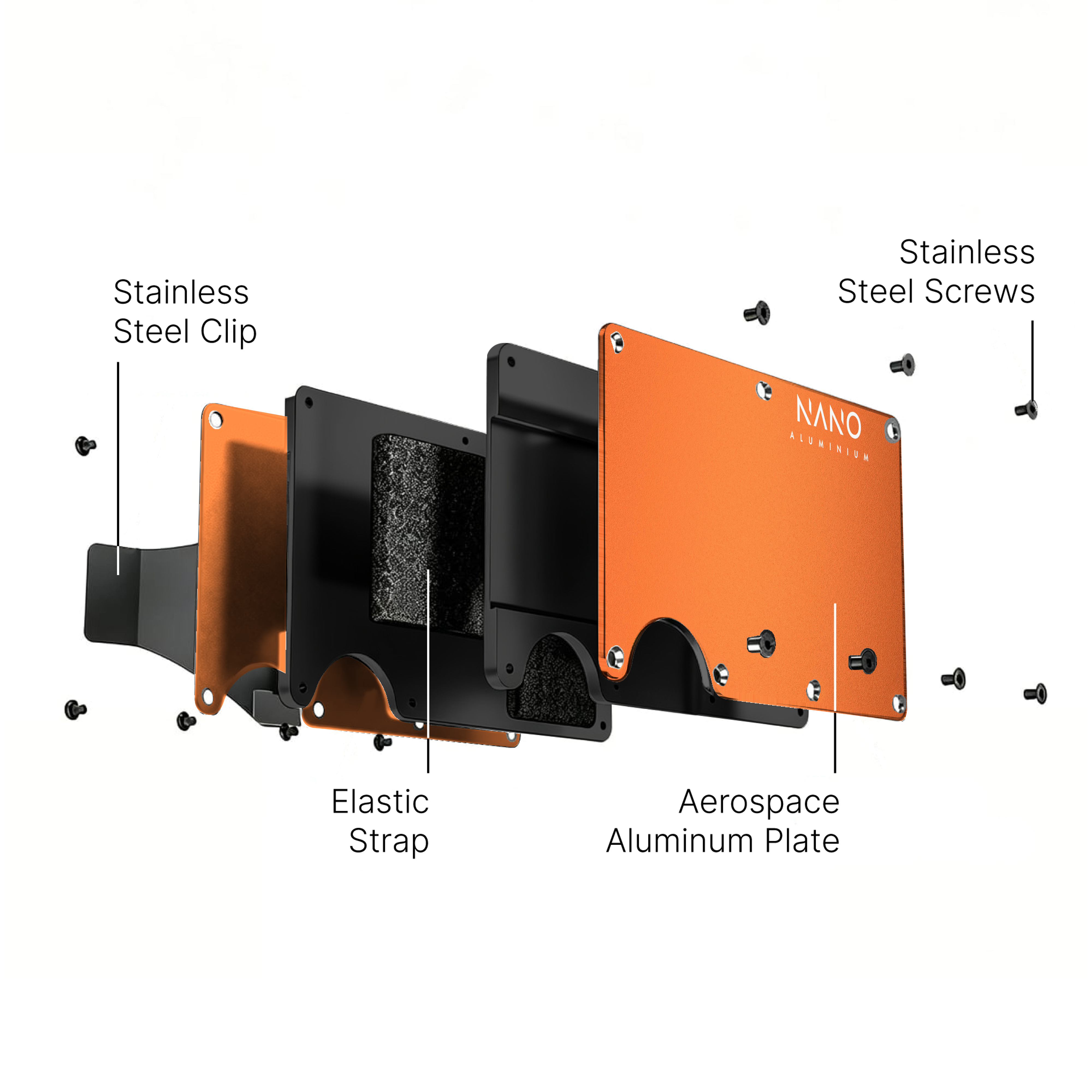 NANO Ventura Orange aerospace aluminium cash strap wallet — exploded construction view