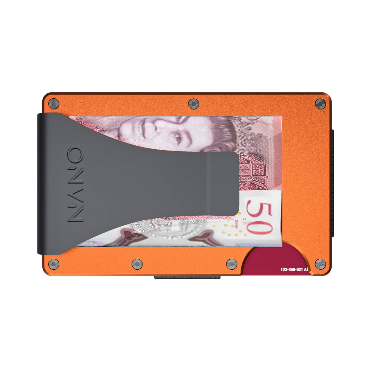 NANO Ventura Orange aerospace aluminium money clip wallet — money clip holding folded cash