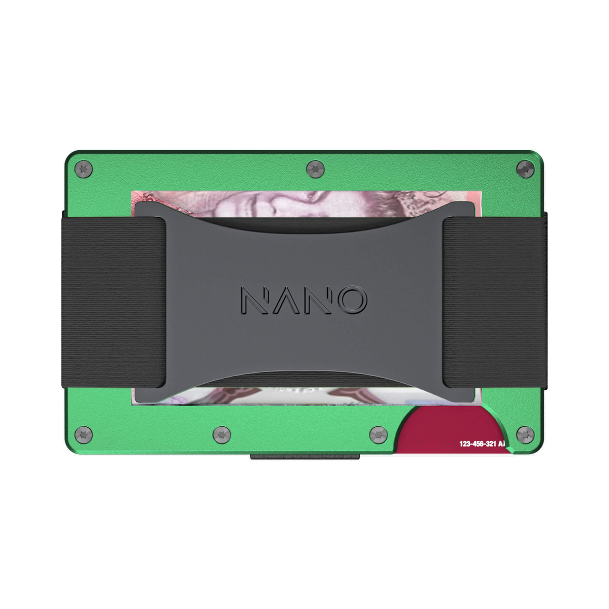 NANO Viper Green aerospace aluminium cash strap wallet — cash strap holding folded cash
