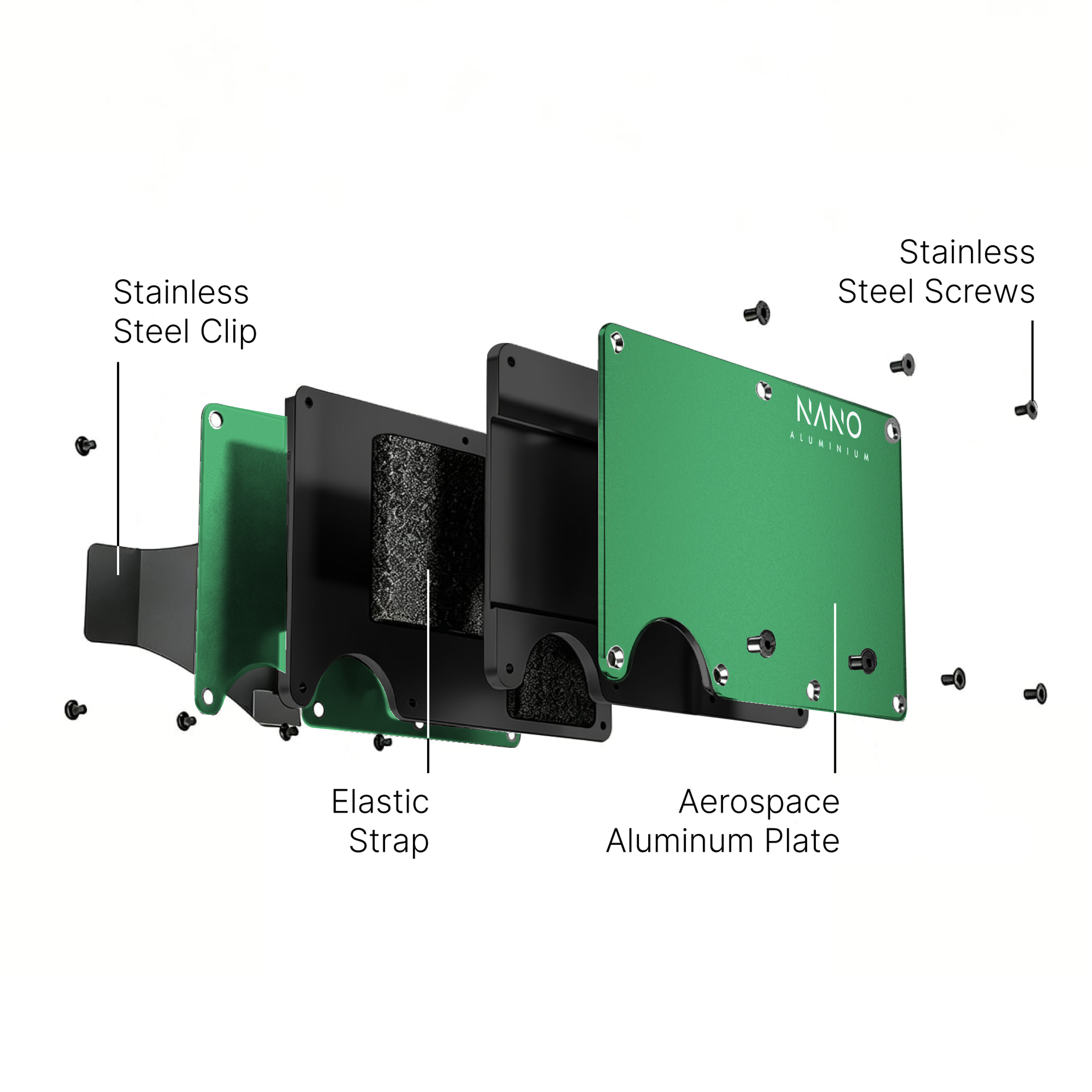 NANO Viper Green aerospace aluminium AirTag cash strap wallet — exploded construction view