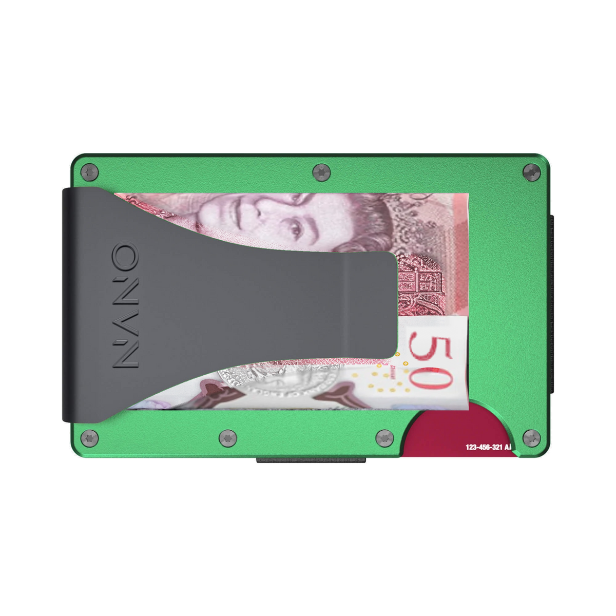 NANO Viper Green aerospace aluminium money clip wallet — money clip holding folded cash