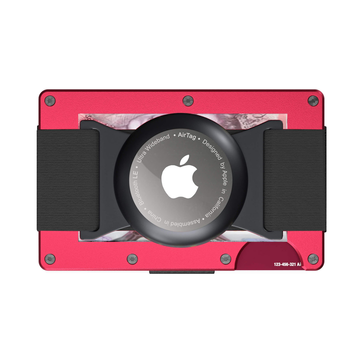 NANO Volcano Red aerospace aluminium AirTag cash strap wallet — cash strap holding folded cash