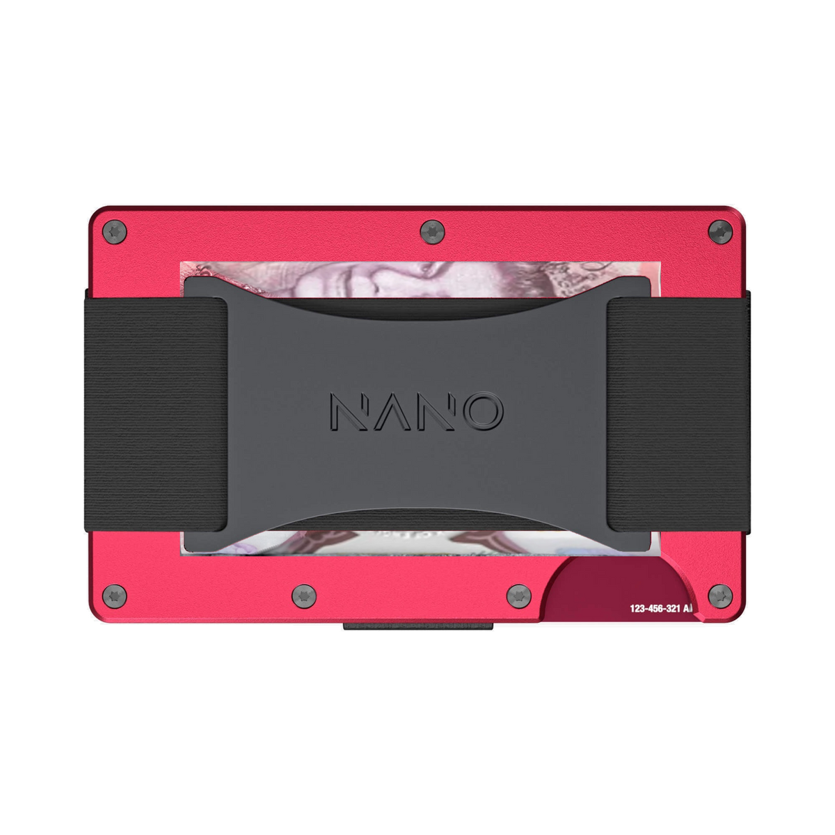 NANO Volcano Red aerospace aluminium cash strap wallet — cash strap holding folded cash