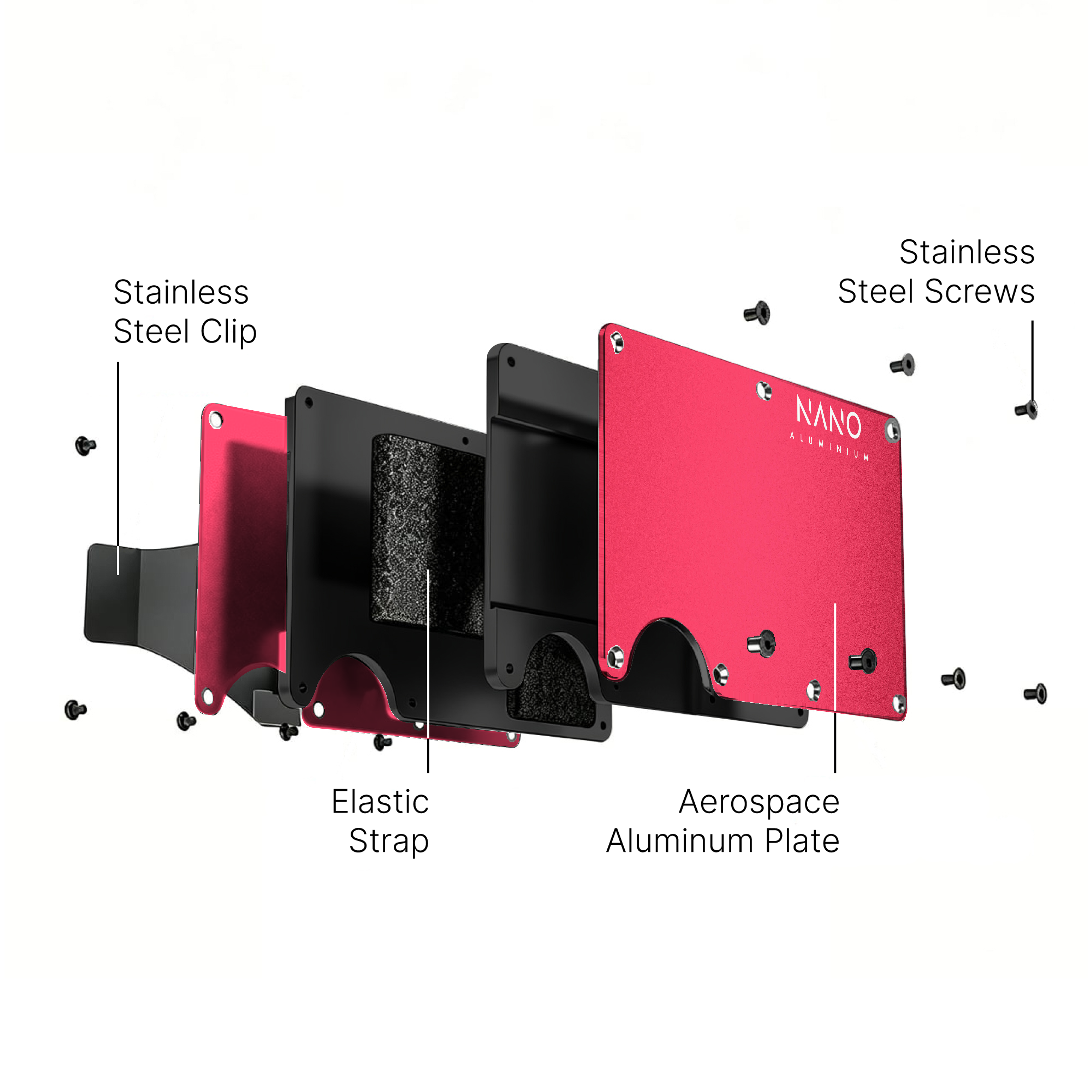 NANO Volcano Red aerospace aluminium cash strap wallet — exploded construction view