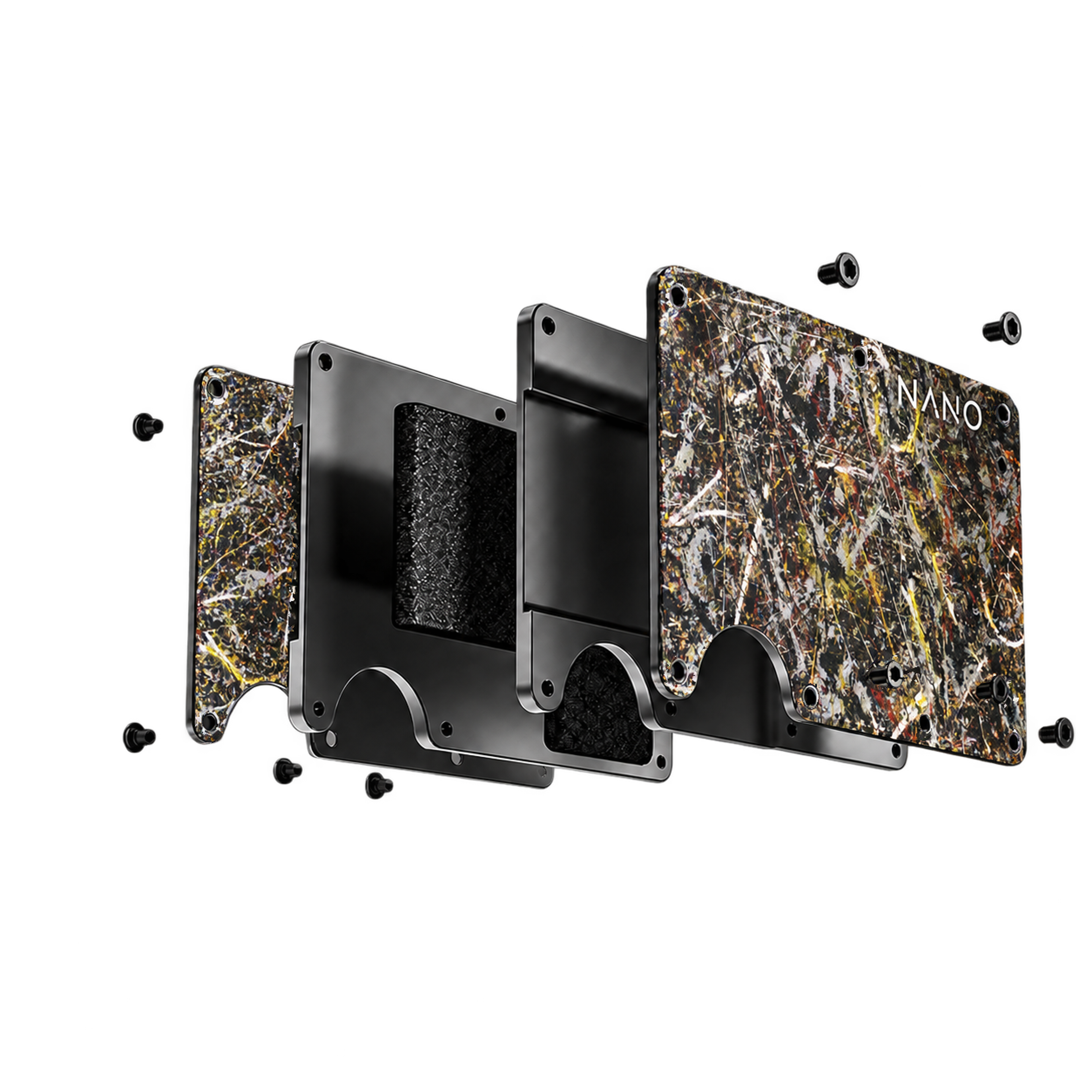 Exploded view of the Alchemy Noir wallet showing bare rear artwork plate, internal plates, elastic retention and screws