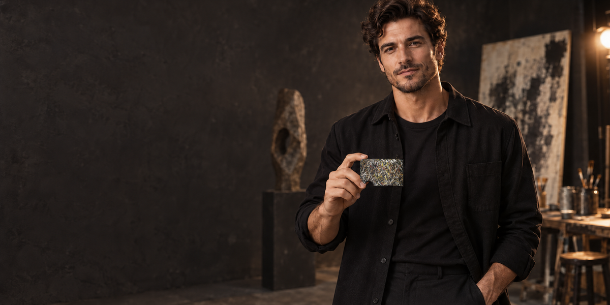Model holding the Alchemy Noir NANO Canvas wallet