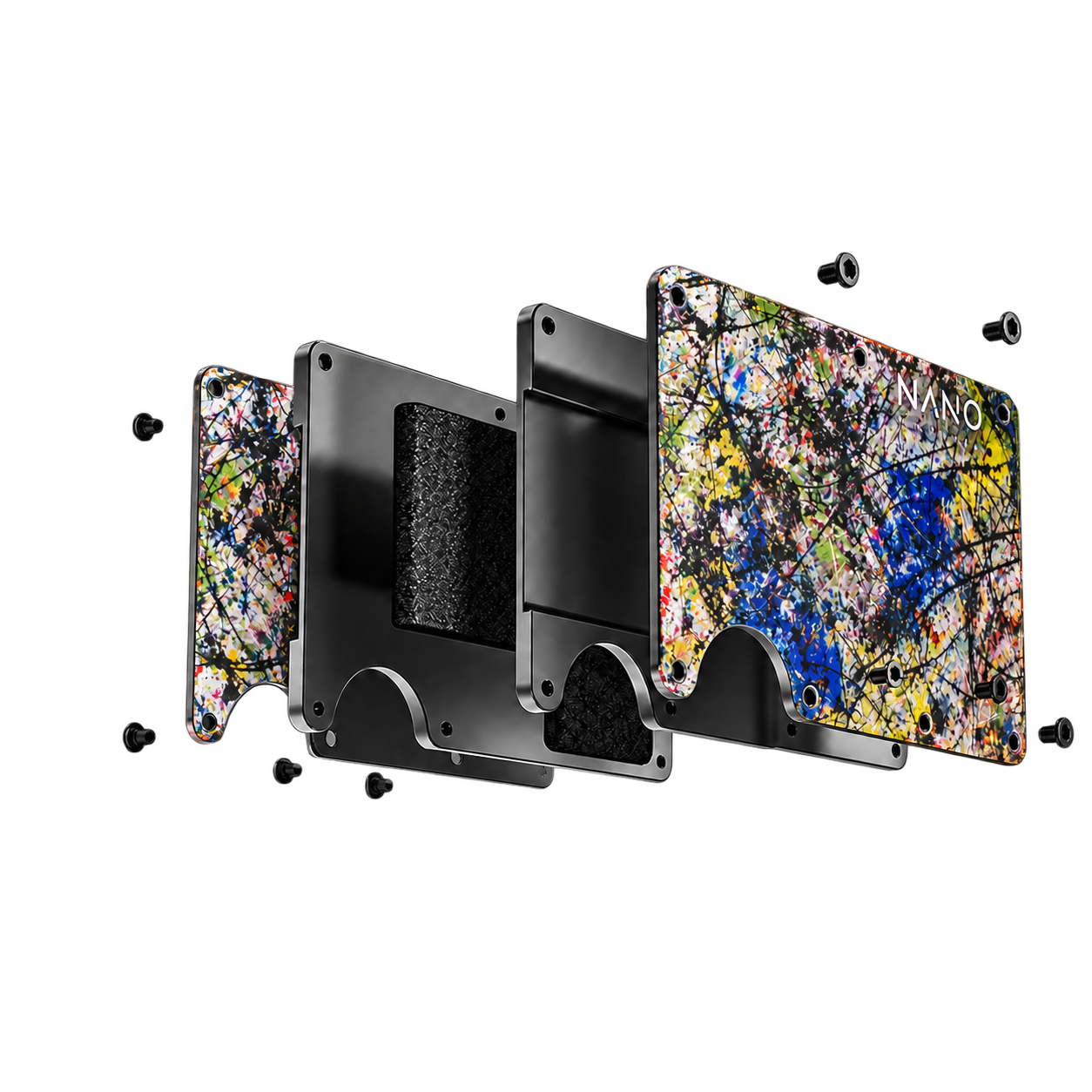 Exploded view of the Nova Chaos wallet showing bare rear artwork plate, internal plates, elastic retention and screws