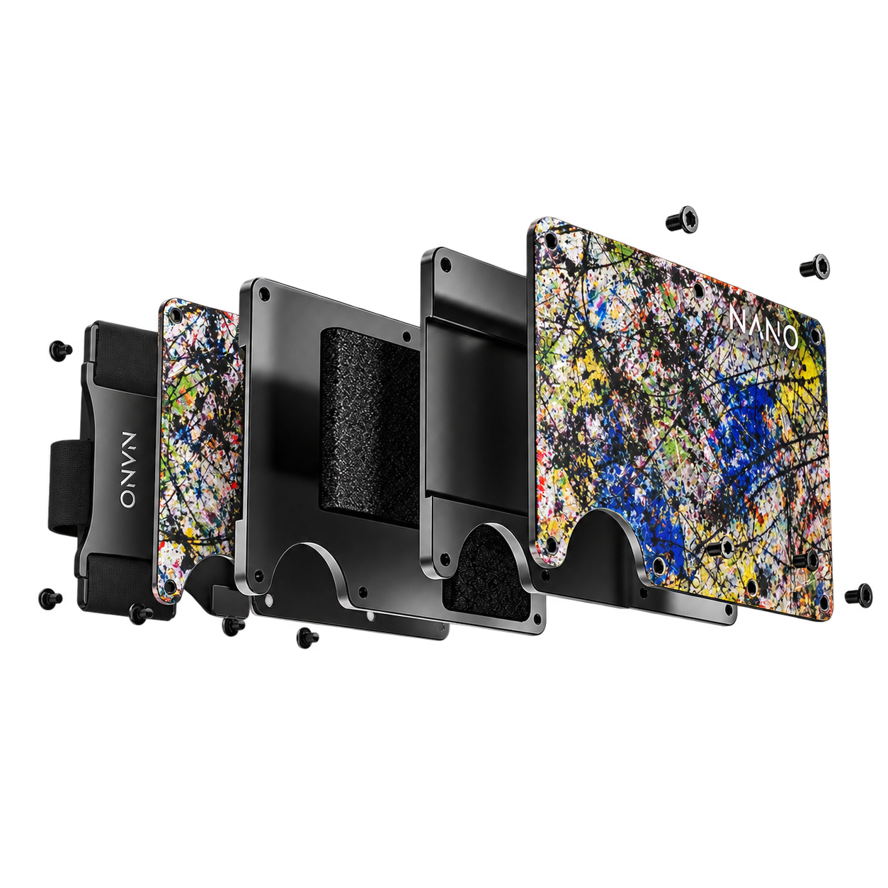 Exploded view of the Nova Chaos wallet showing its plates, elastic retention, cash strap and screws