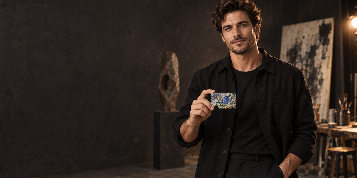 Model holding the Nova Chaos NANO Canvas wallet