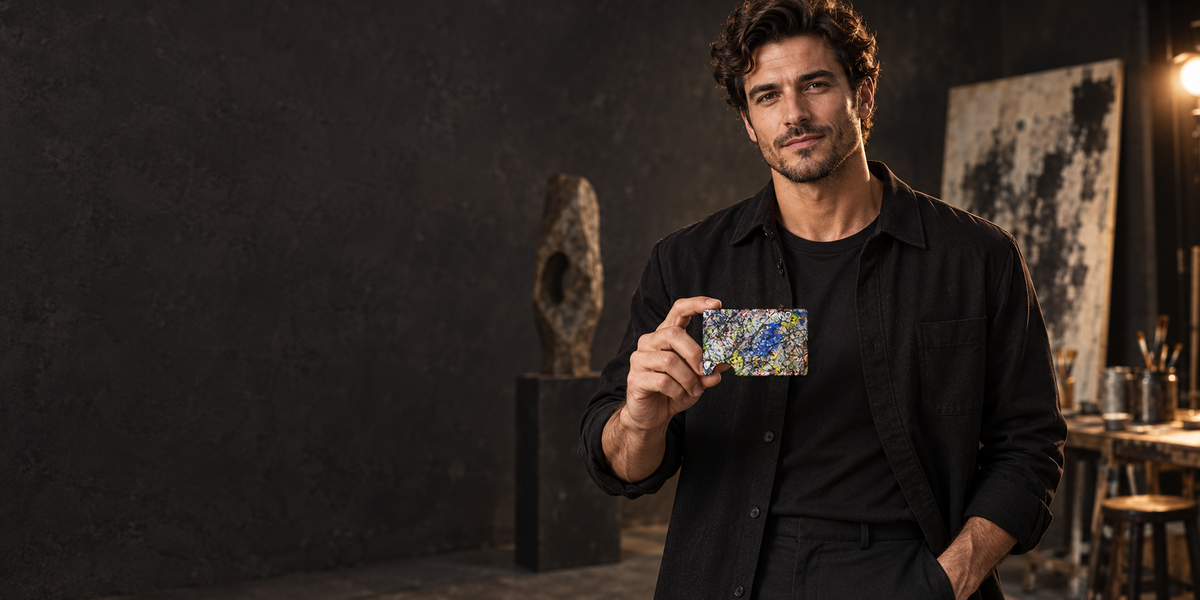 Model holding the Nova Chaos NANO Canvas wallet