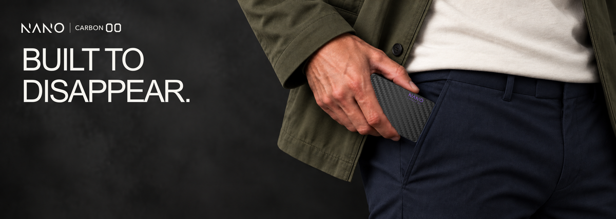 NANO Carbon 001 — Built to disappear. Corrected card-size wallet with original product artwork and hardware. desktop banner.