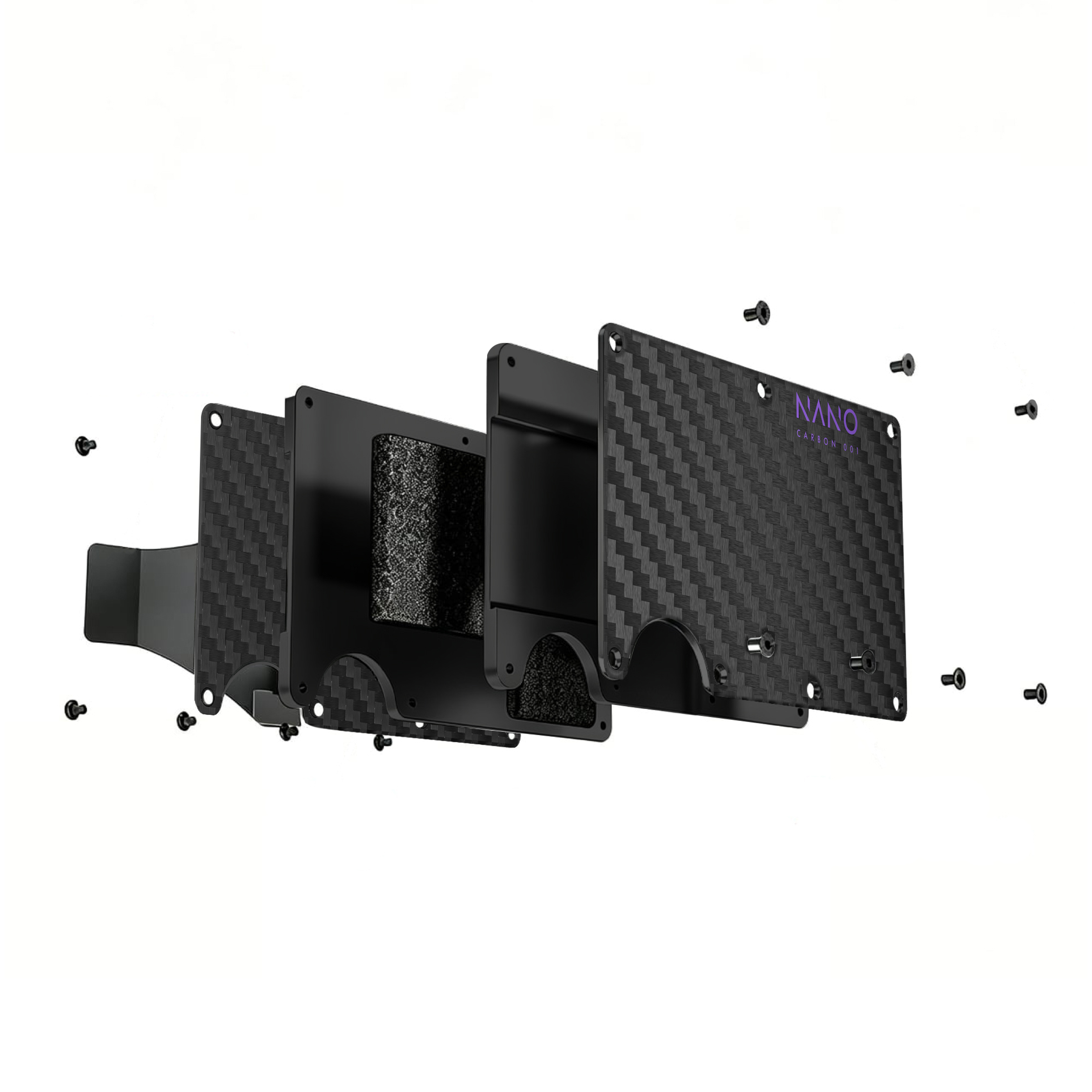 NANO Carbon 001 Stealth Black/Nebula Purple 3K carbon fibre cash strap wallet — exploded construction view