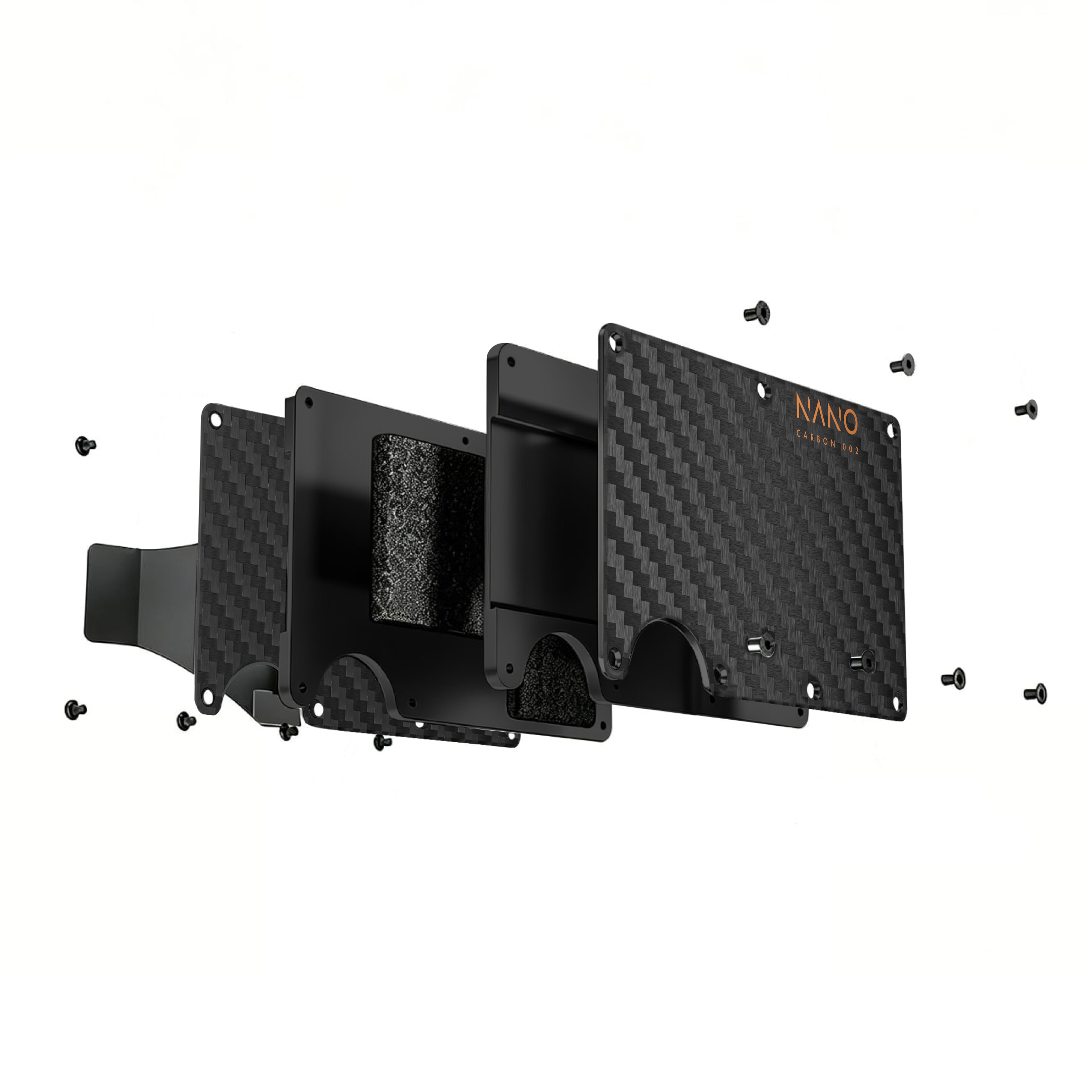 NANO Carbon 002 Stealth Black/Ventura Orange 3K carbon fibre cash strap wallet — exploded construction view
