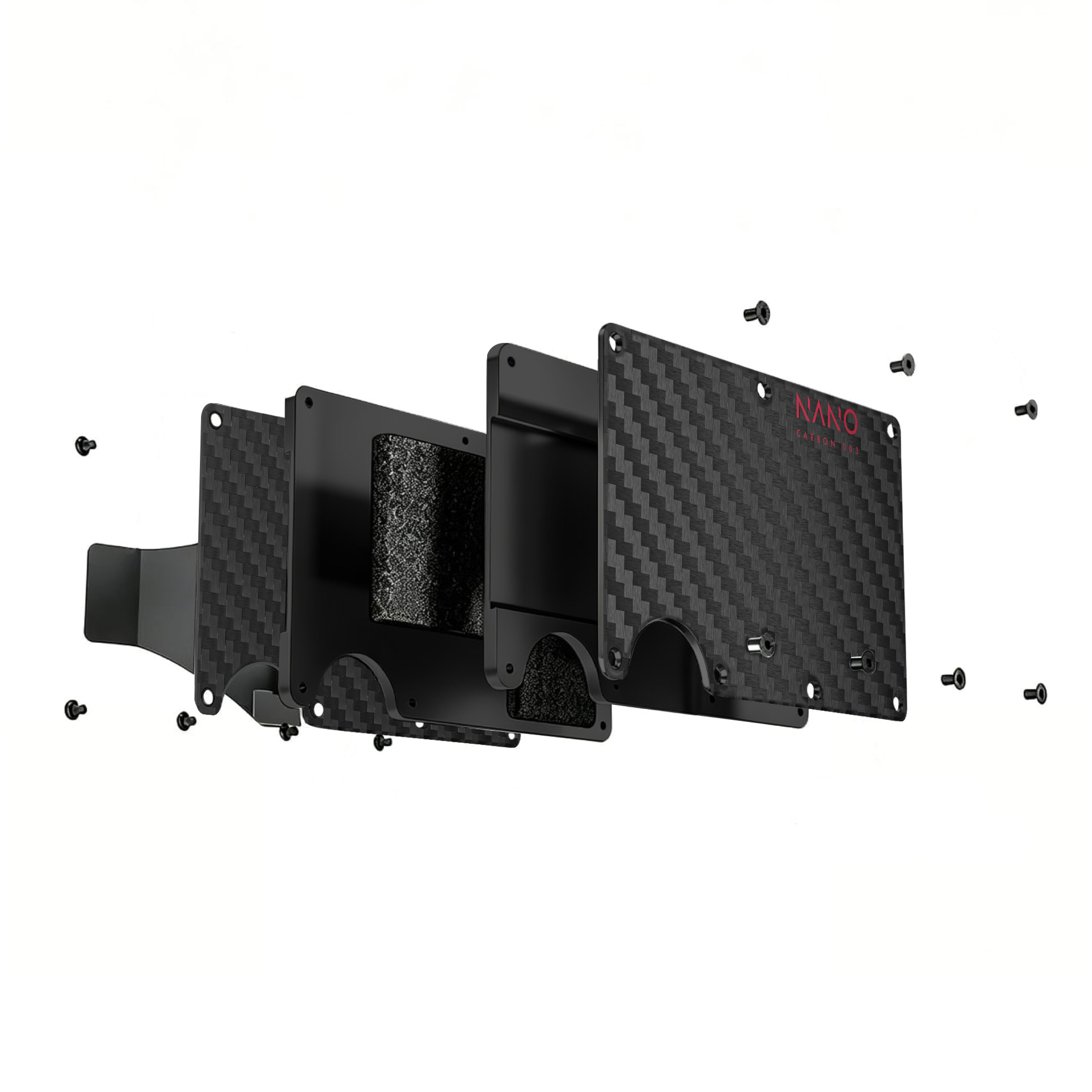 NANO Carbon 003 Stealth Black/Volcano Red 3K carbon fibre cash strap wallet — exploded construction view