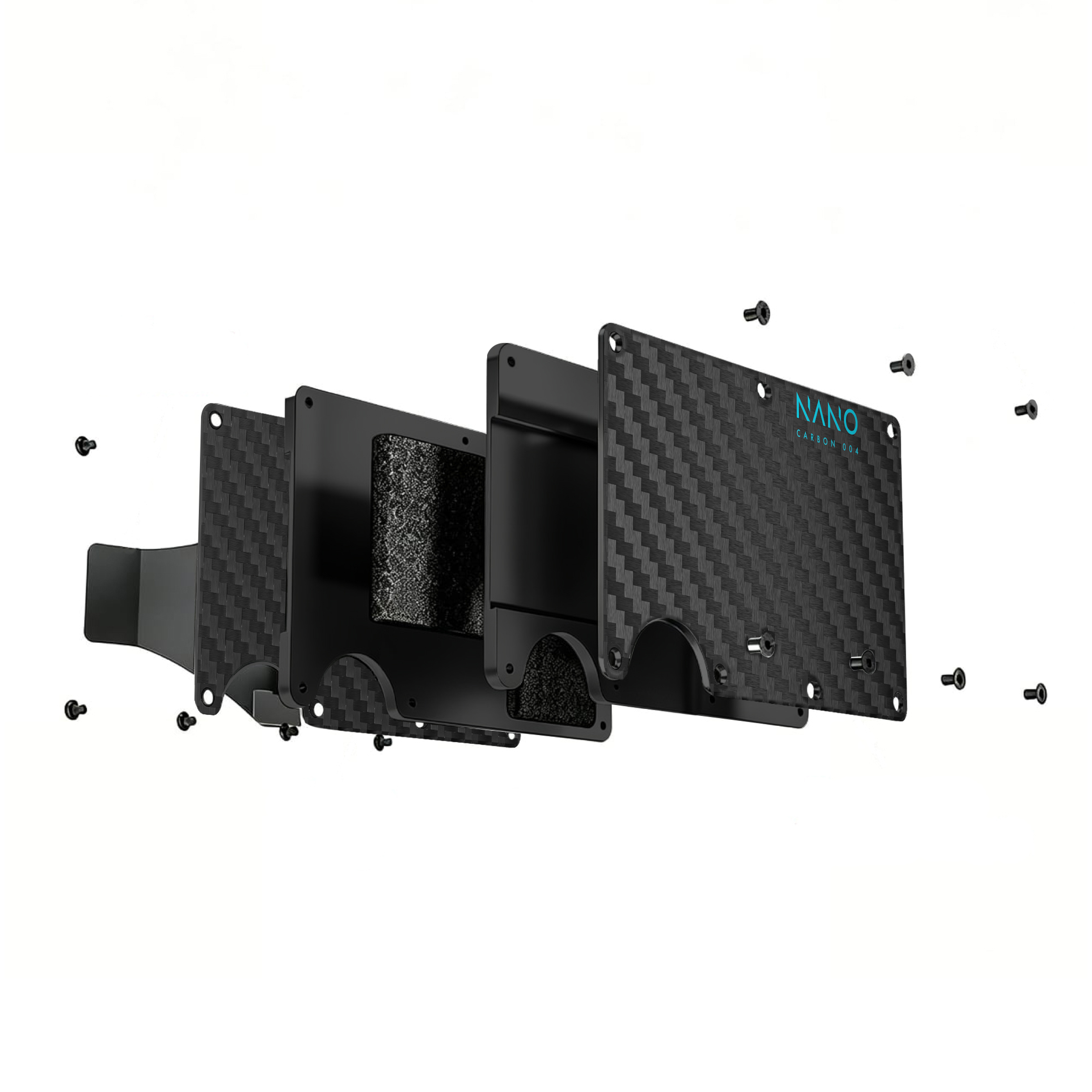 NANO Carbon 004 Stealth Black/Miami Blue 3K carbon fibre money clip wallet — exploded construction view