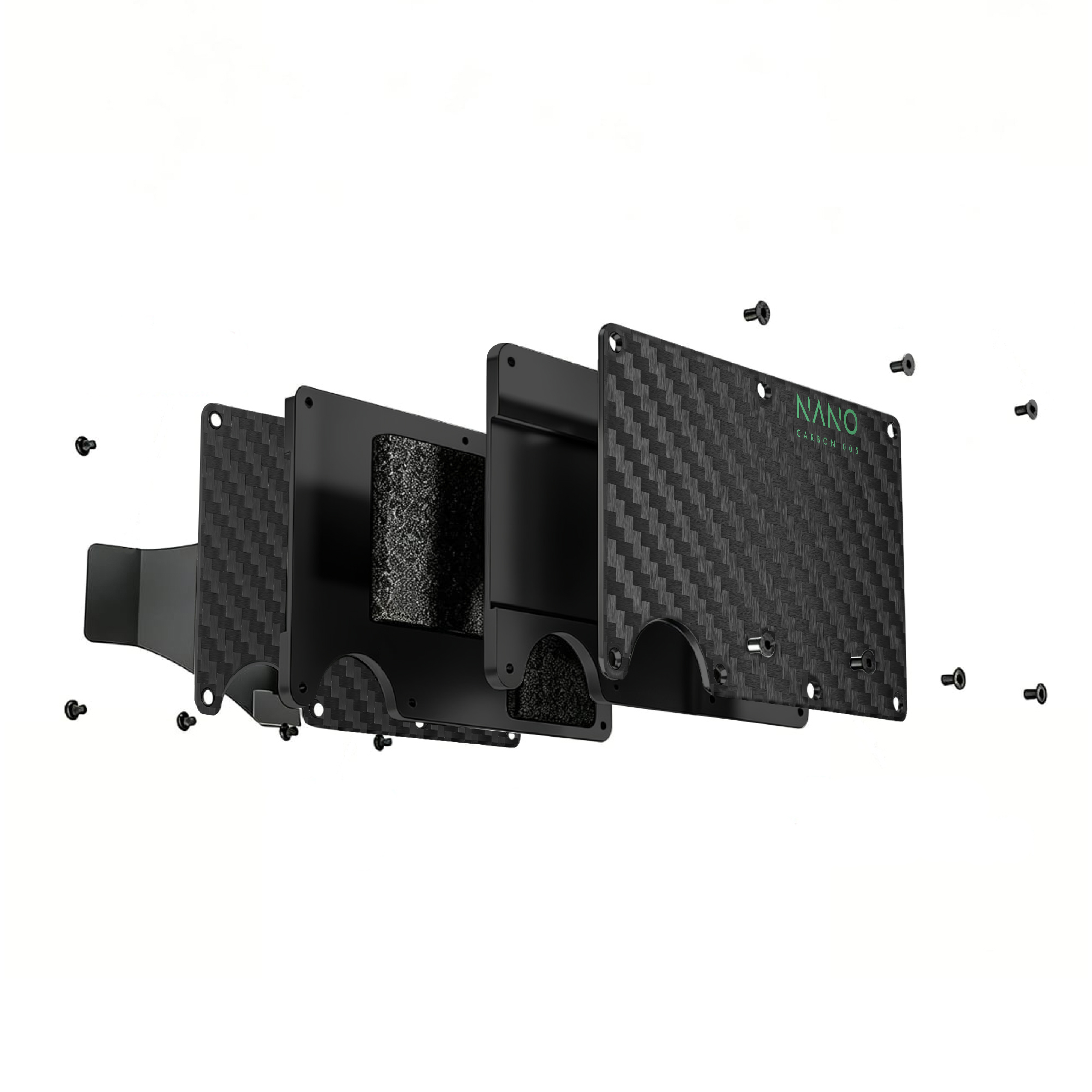 NANO Carbon 005 Stealth Black/Viper Green 3K carbon fibre money clip wallet — exploded construction view