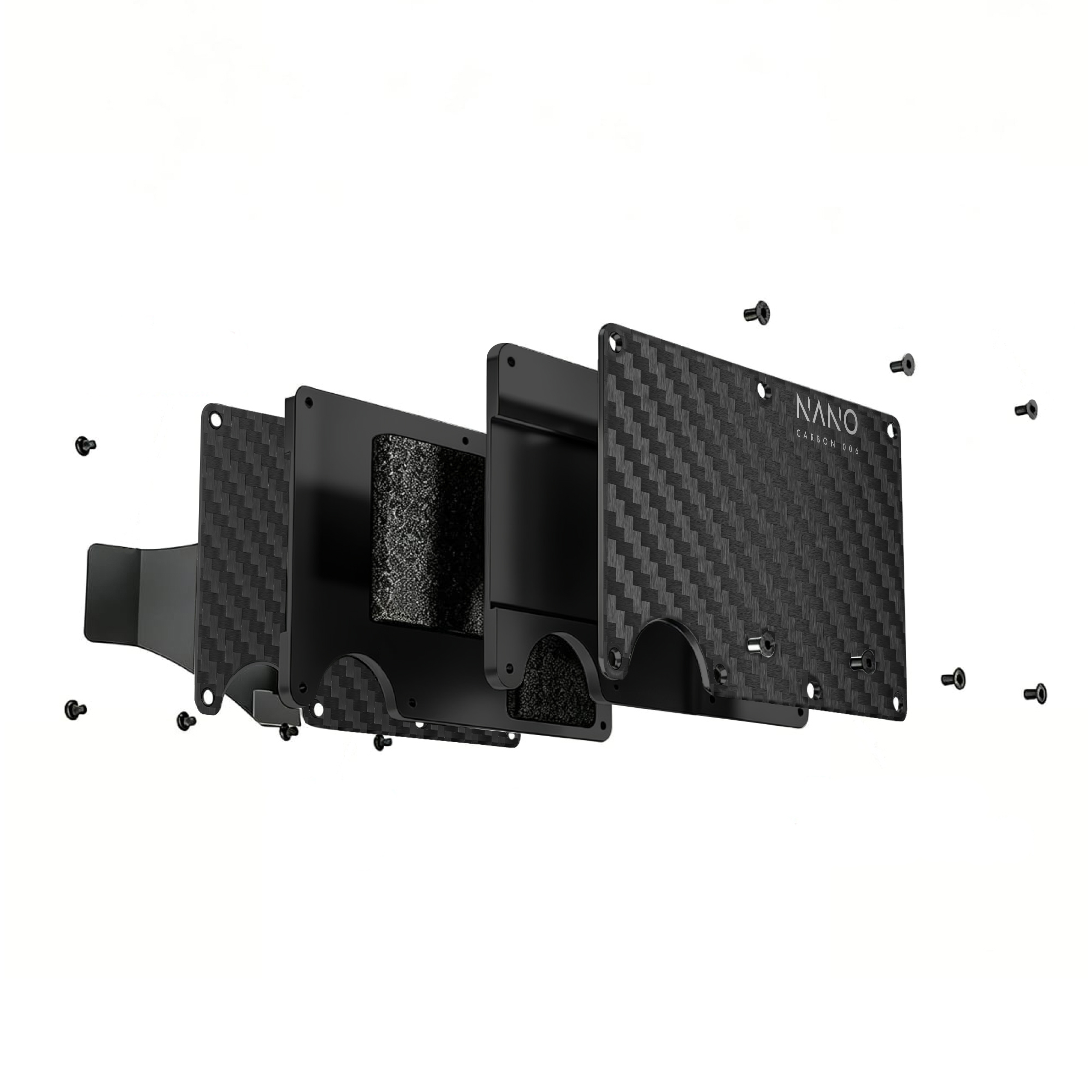 NANO Carbon 006 Stealth Black/Ghost Silver 3K carbon fibre money clip wallet — exploded construction view