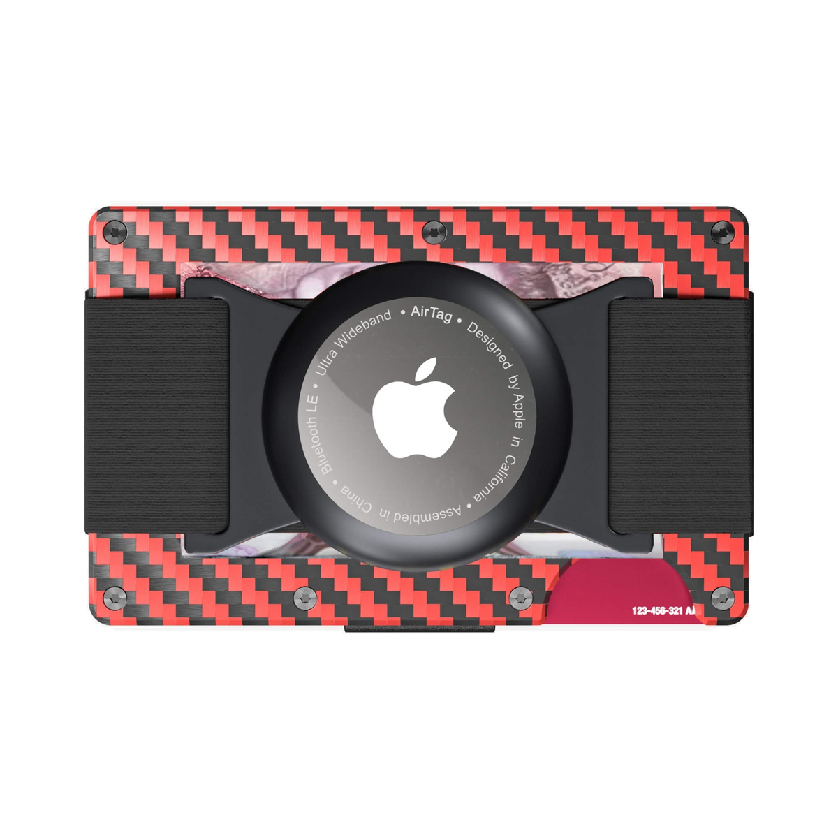 NANO Diablo Red/Stealth Black 3K carbon fibre AirTag cash strap wallet — cash strap holding folded cash