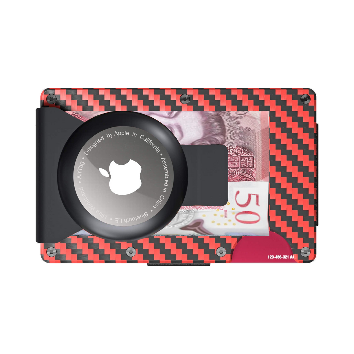 NANO Diablo Red/Stealth Black 3K carbon fibre AirTag money clip wallet — money clip holding folded cash