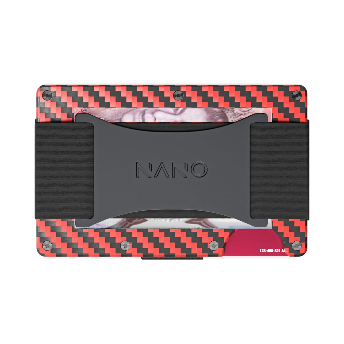 NANO Diablo Red/Stealth Black 3K carbon fibre cash strap wallet — cash strap holding folded cash