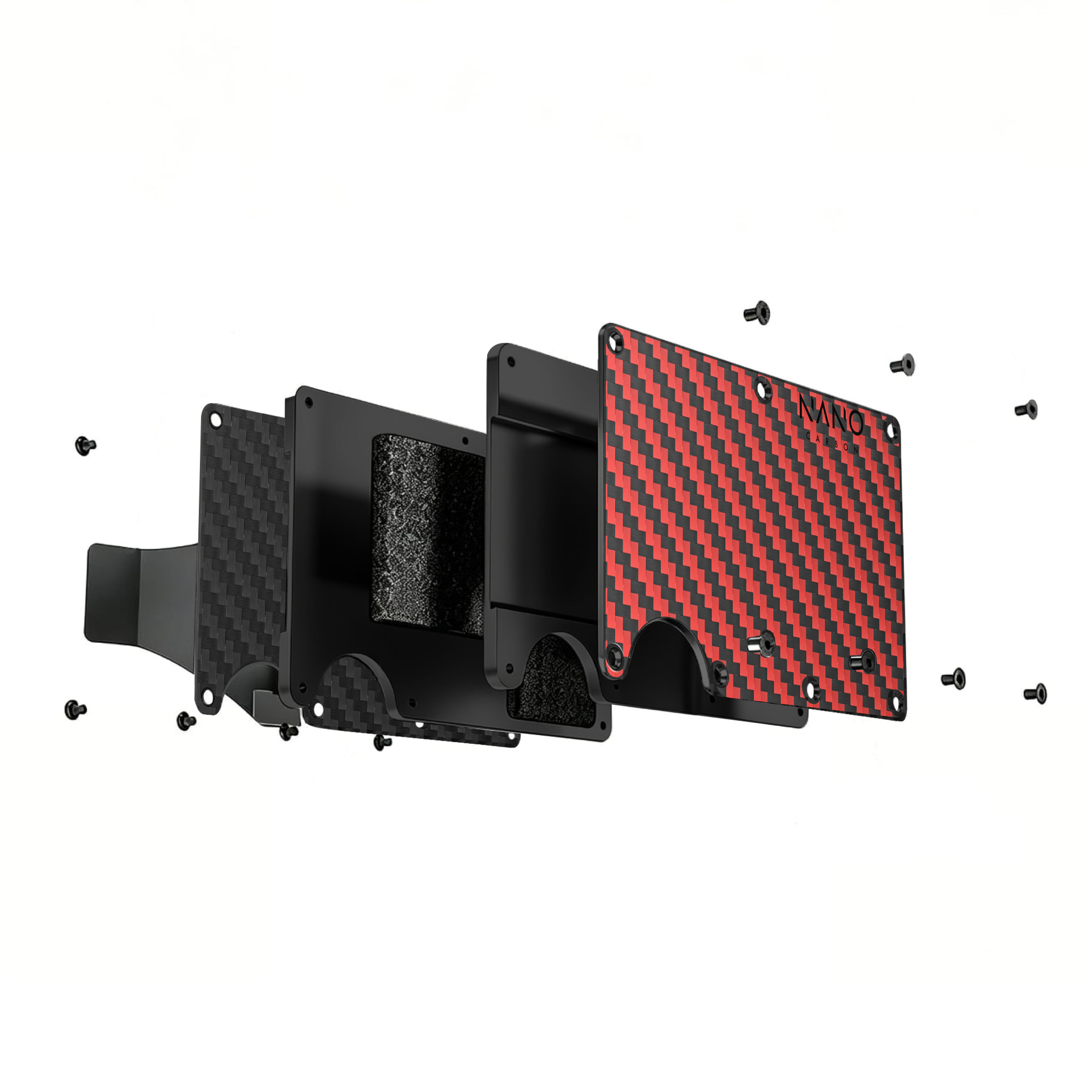 NANO Diablo Red/Stealth Black 3K carbon fibre AirTag cash strap wallet — exploded construction view